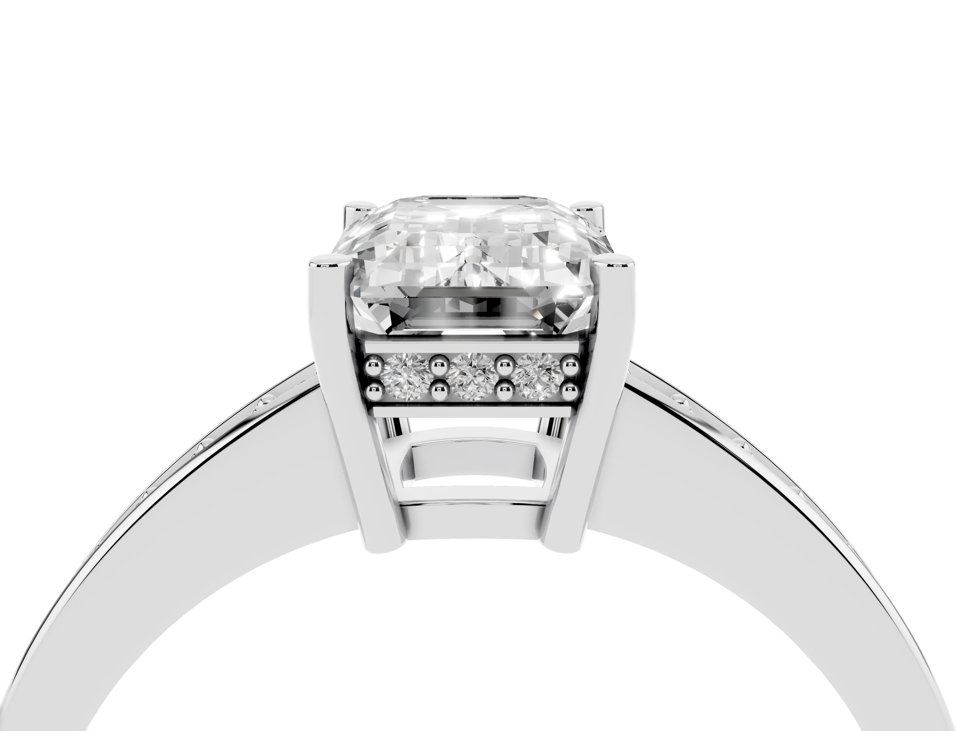 Emerald Cut Diamond Pavé Band Prong Set Solitaire Ring Set in White gold