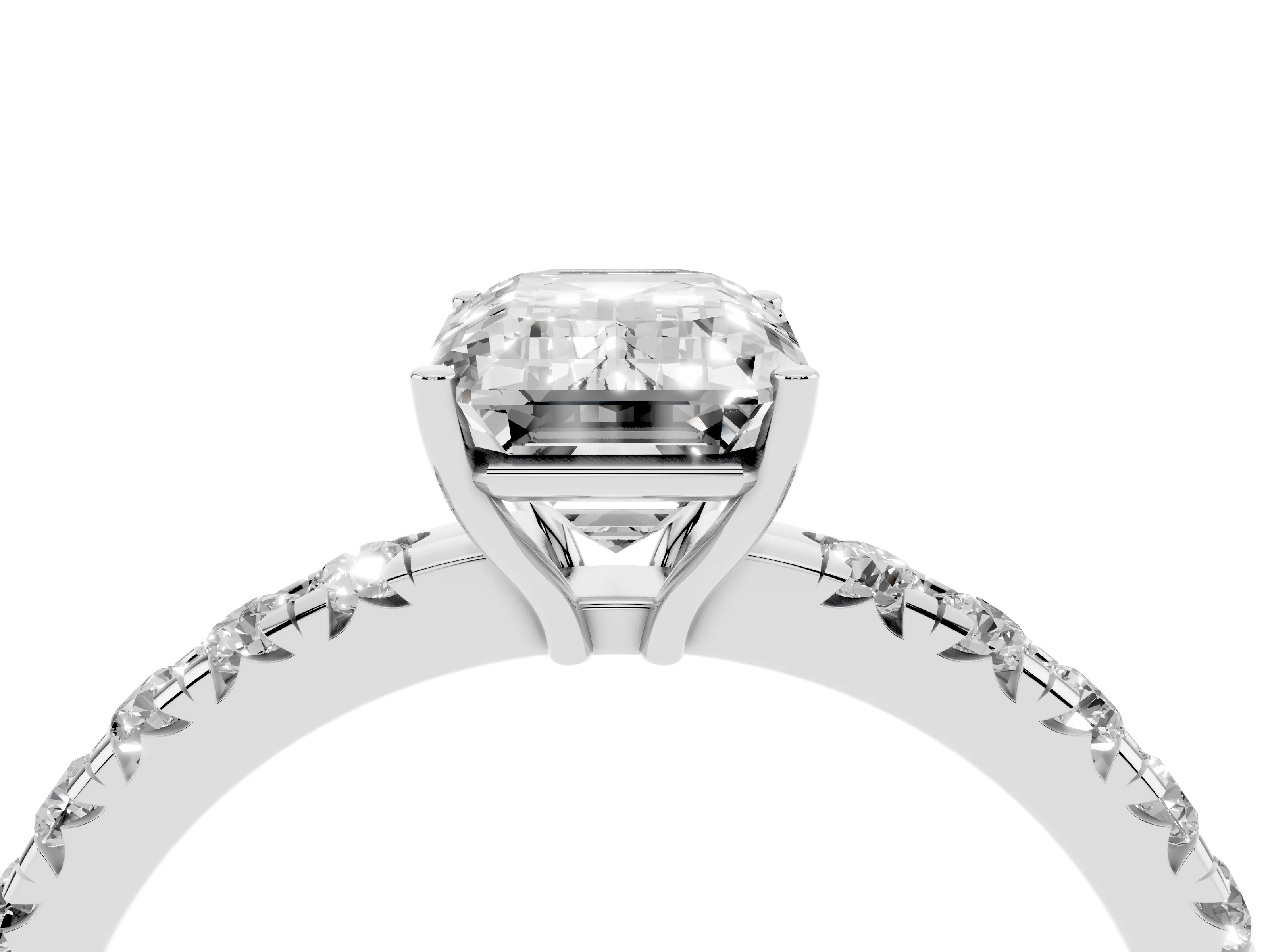 Emerald Cut Diamond Pavé Solitaire Engagement Ring Set in Silver with Prong Setting