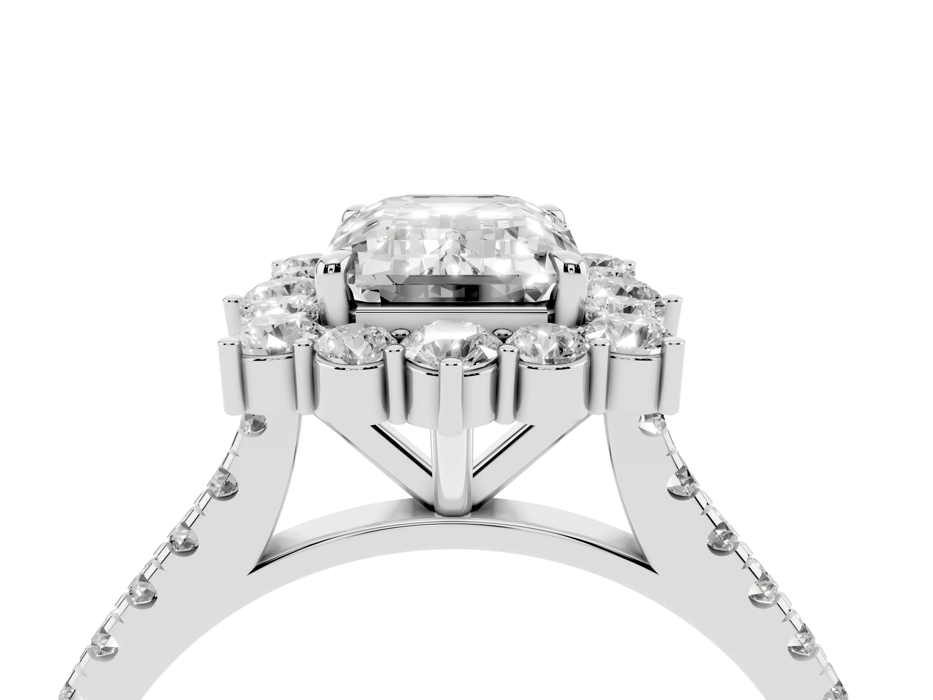 Emerald Cut Diamond Halo Ring Set in Silver with Pavé Band and Prong Setting