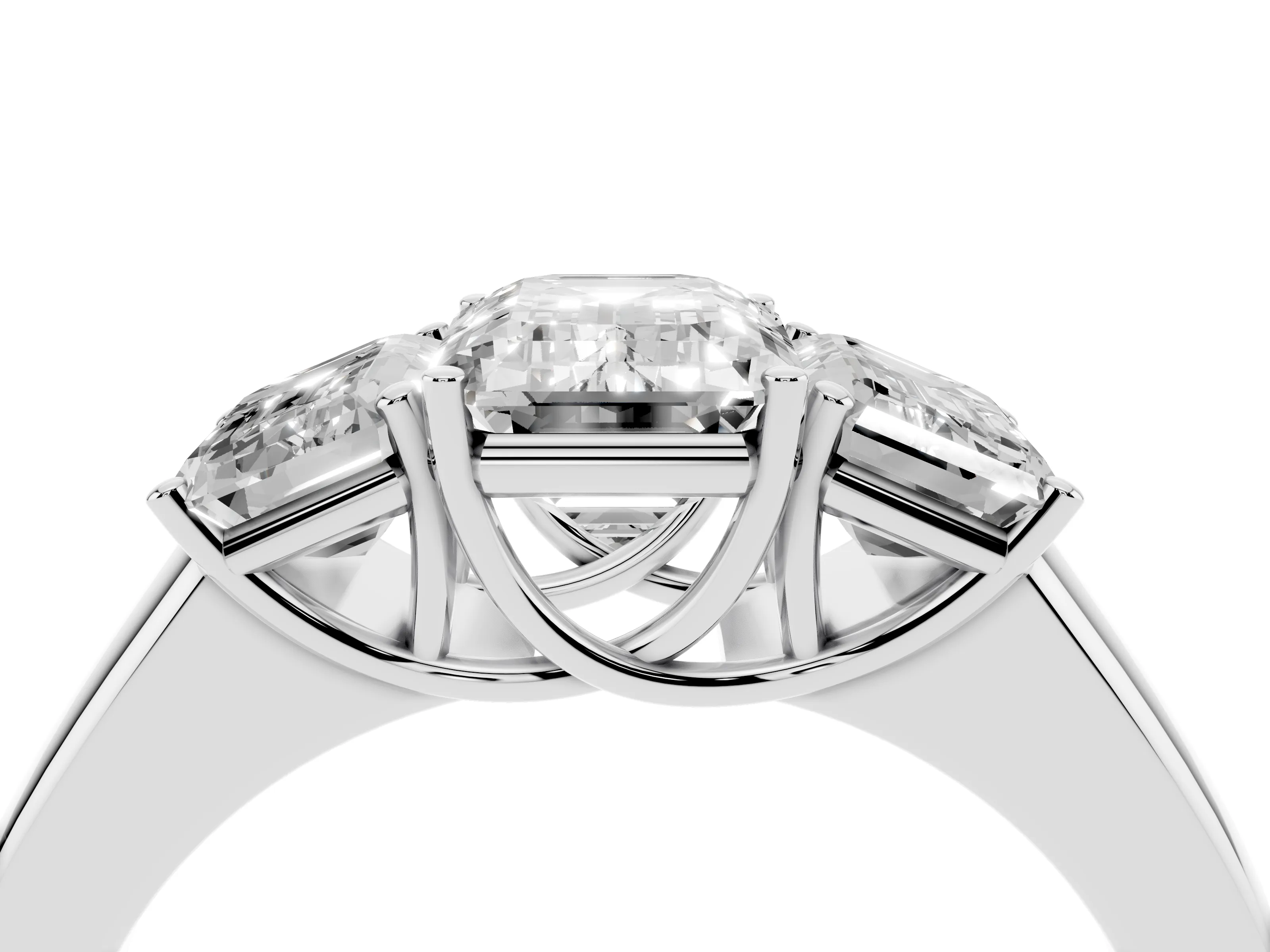 Three-Stone Emerald Cut Diamond Ring Set in Silver with Matching Prong Settings and Plain Band