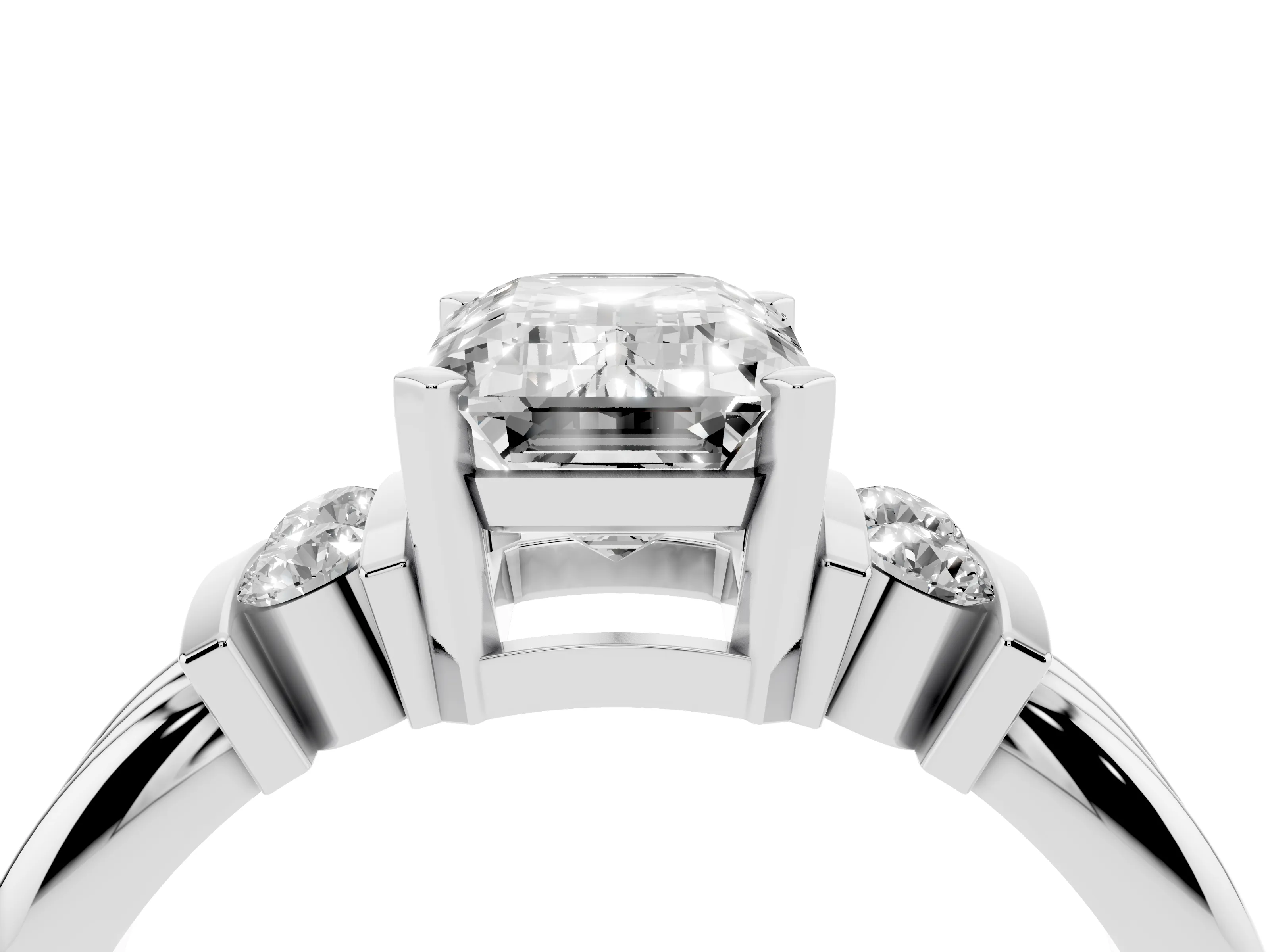 Three-Stone Emerald Cut Diamond Channel Set Ring Set in Silver with Bar Prongs