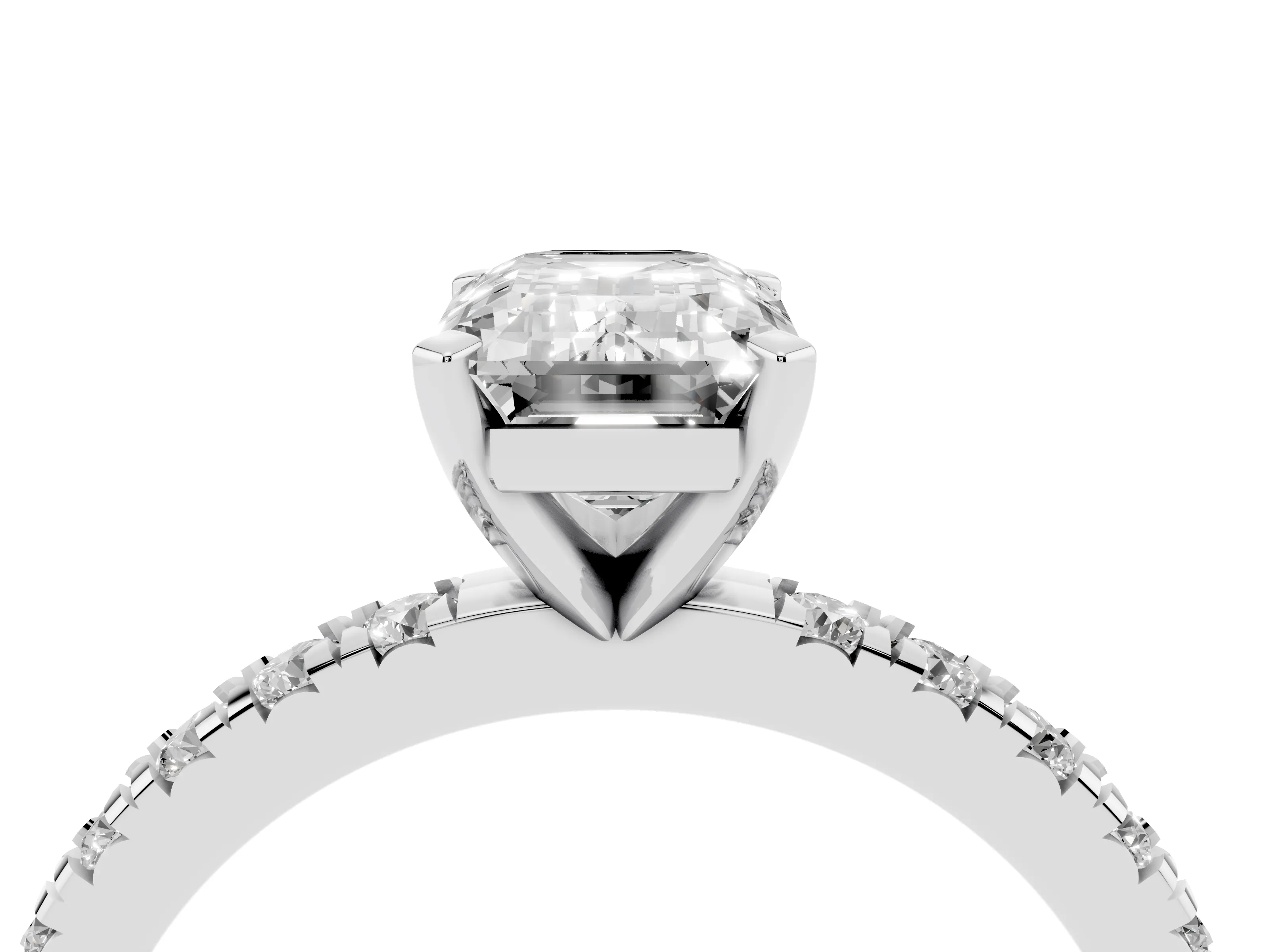 Emerald Cut Diamond Pavé Band Solitaire Set in White gold with Prong Setting