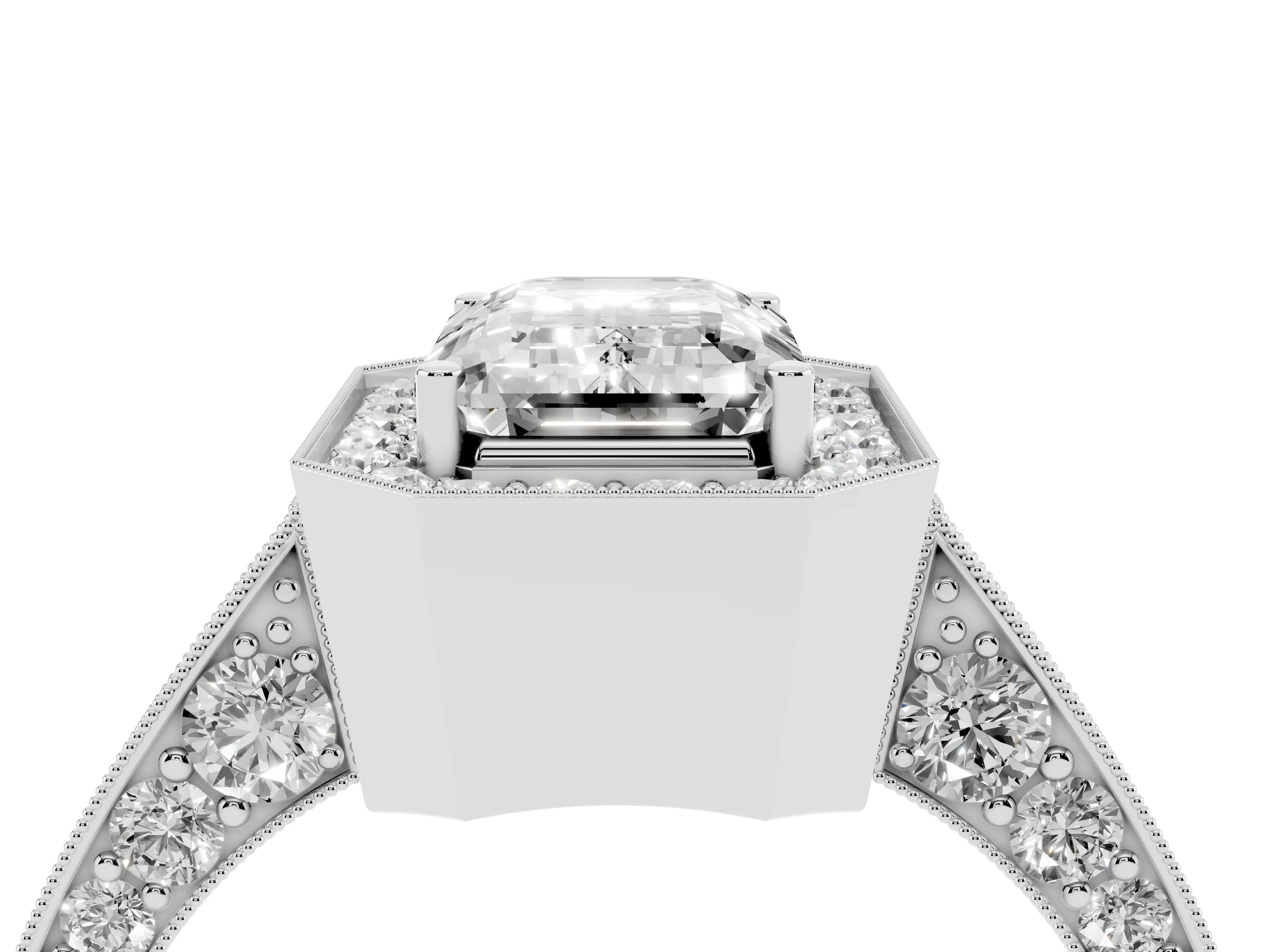 Emerald Cut Diamond Halo Engagement Ring Set in Silver with Accent Split Shank Band