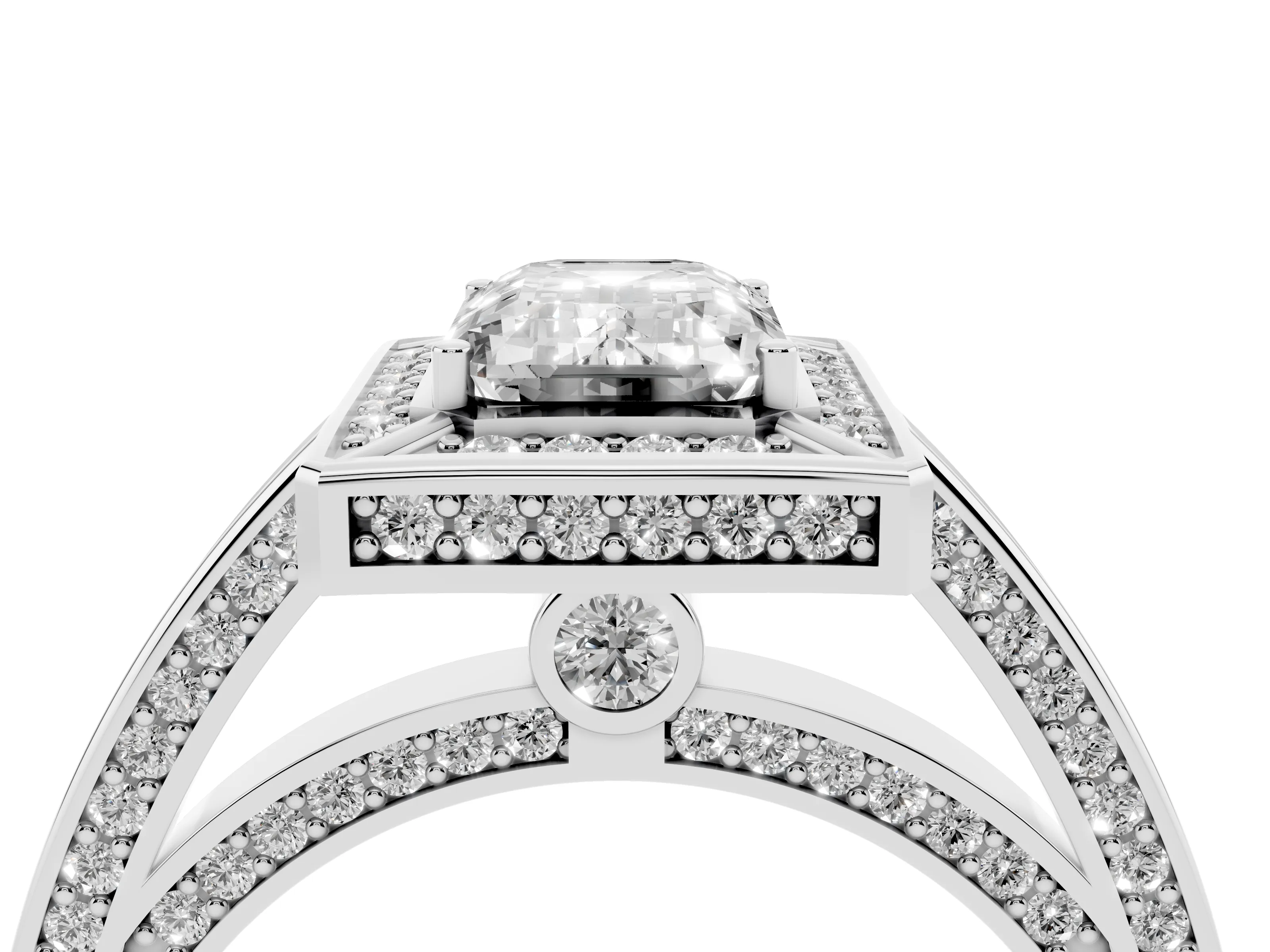 Emerald Cut Diamond Halo Pavé Split Shank Ring Set in Silver with Prong Setting