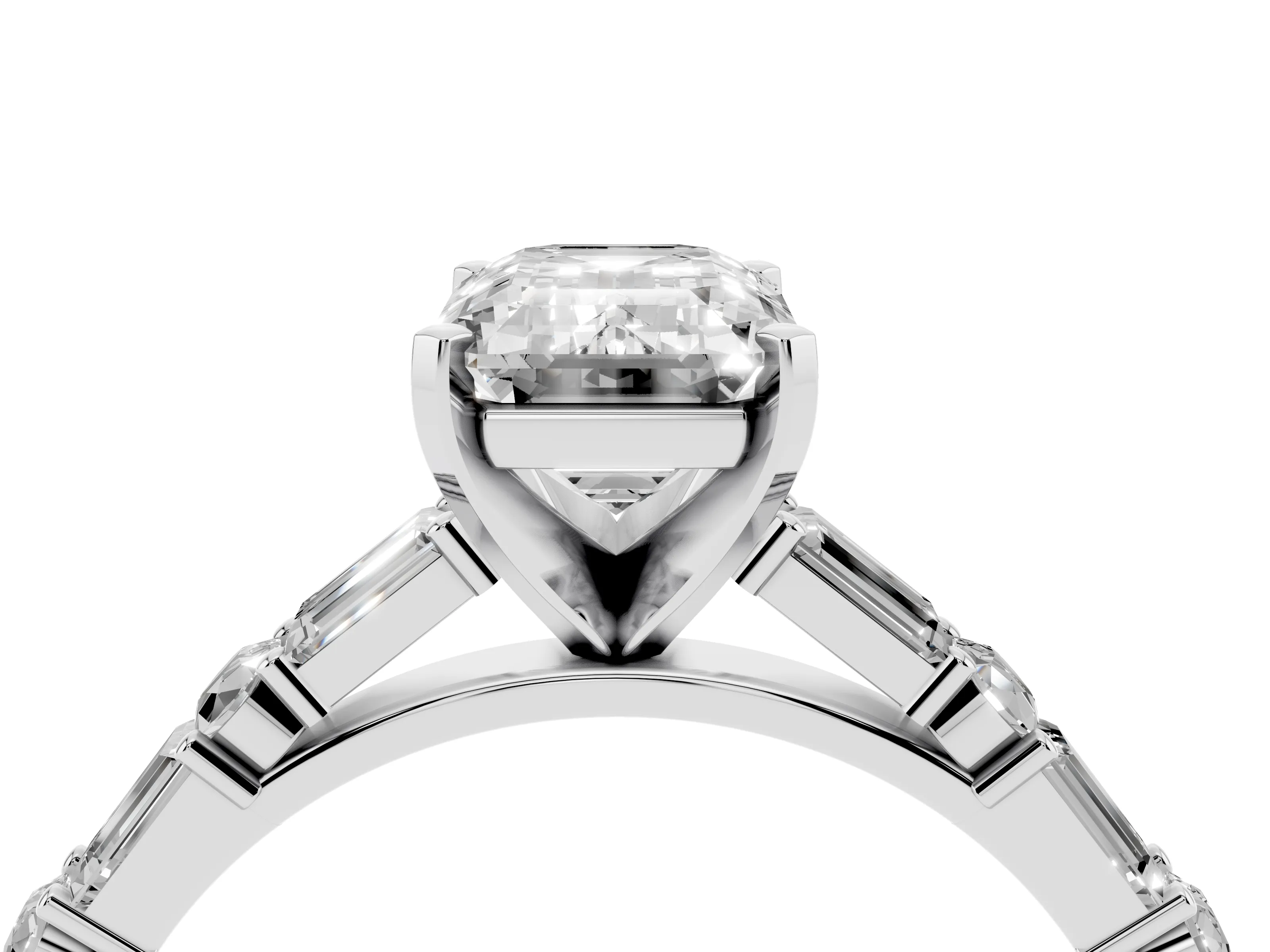Emerald Cut Diamond Solitaire Set in Platinum with Side Baguettes and Channel Set Band