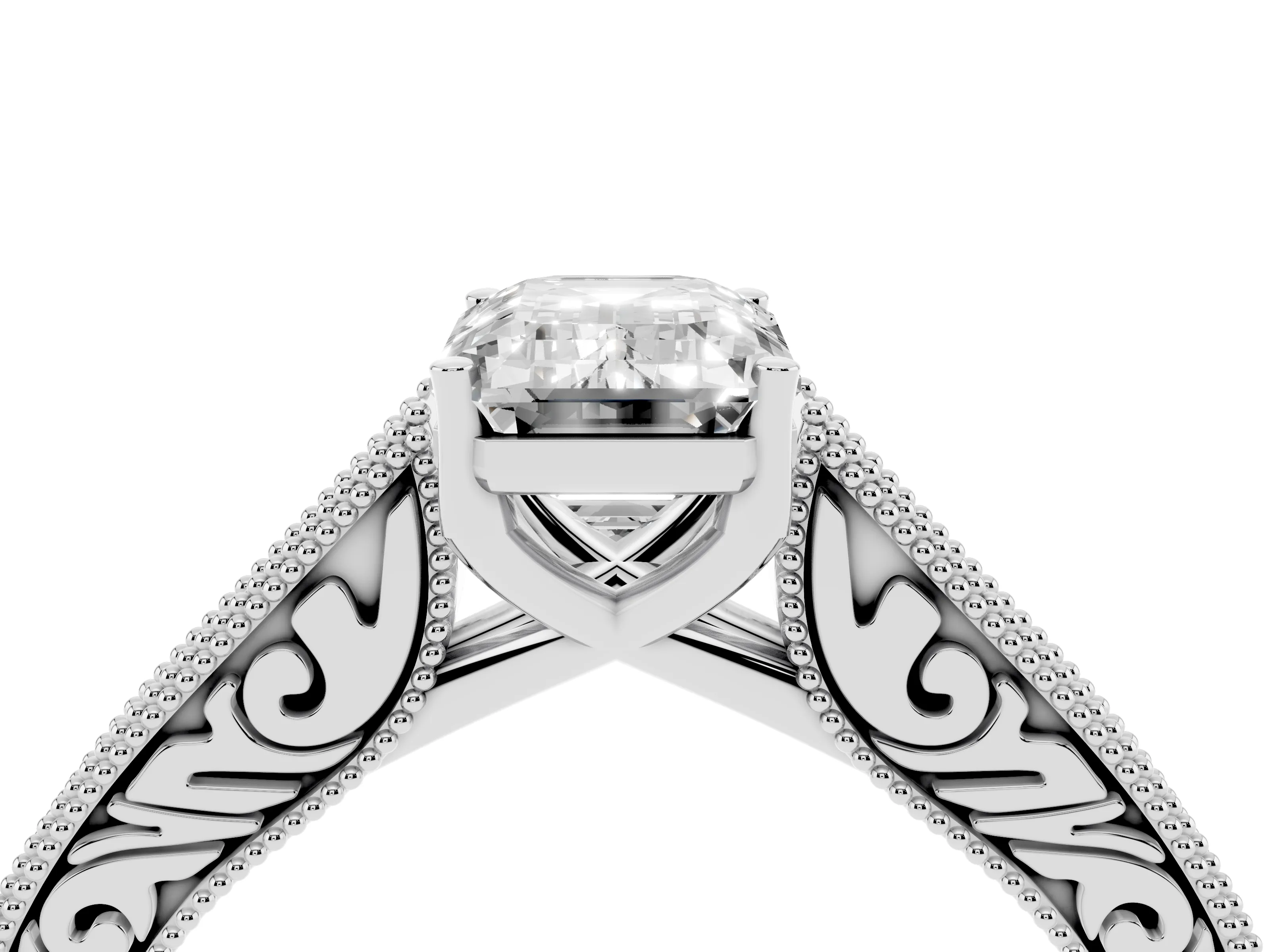 Emerald Cut Diamond Milgrain Pavé Band Solitaire Ring Set in White gold with Prong Setting