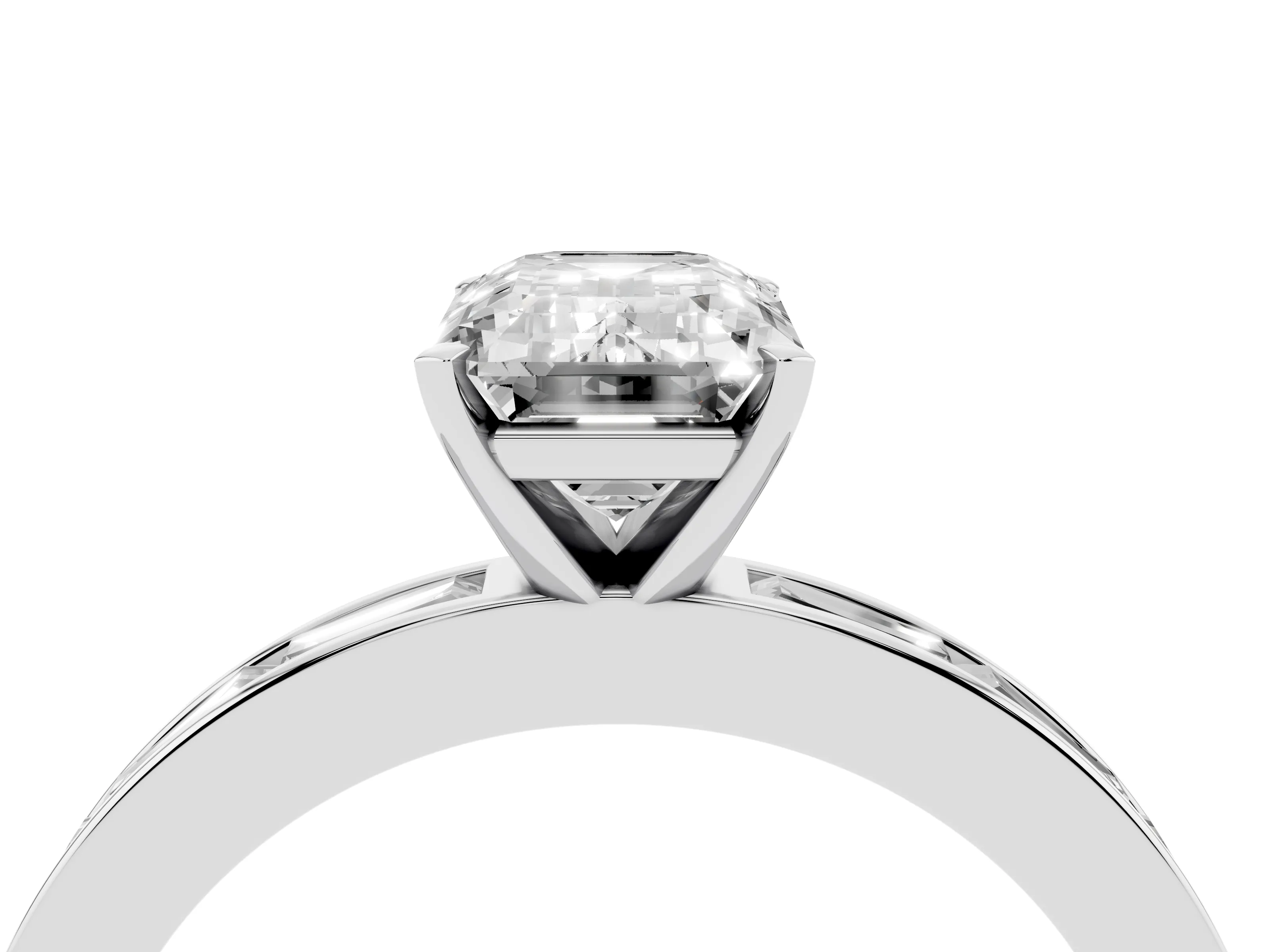 Emerald Cut Diamond Solitaire Ring Set in White gold with Channel-Set Baguette Band and Prong Setting