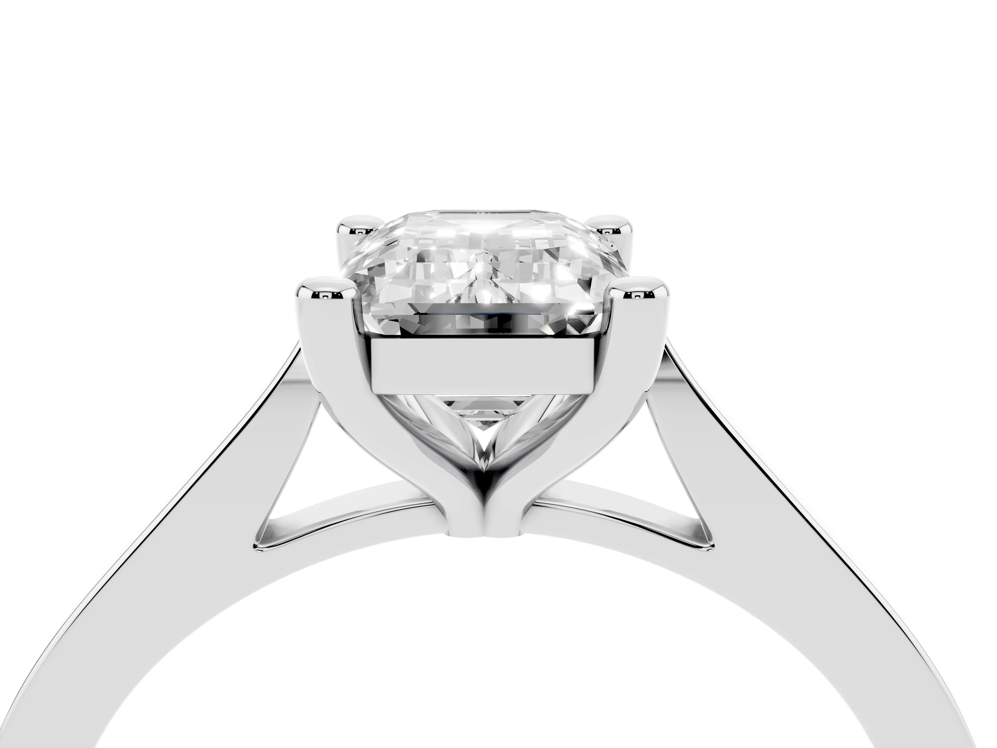Emerald Cut Diamond Solitaire Ring Set in Platinum with Prong Setting and Tapered Band