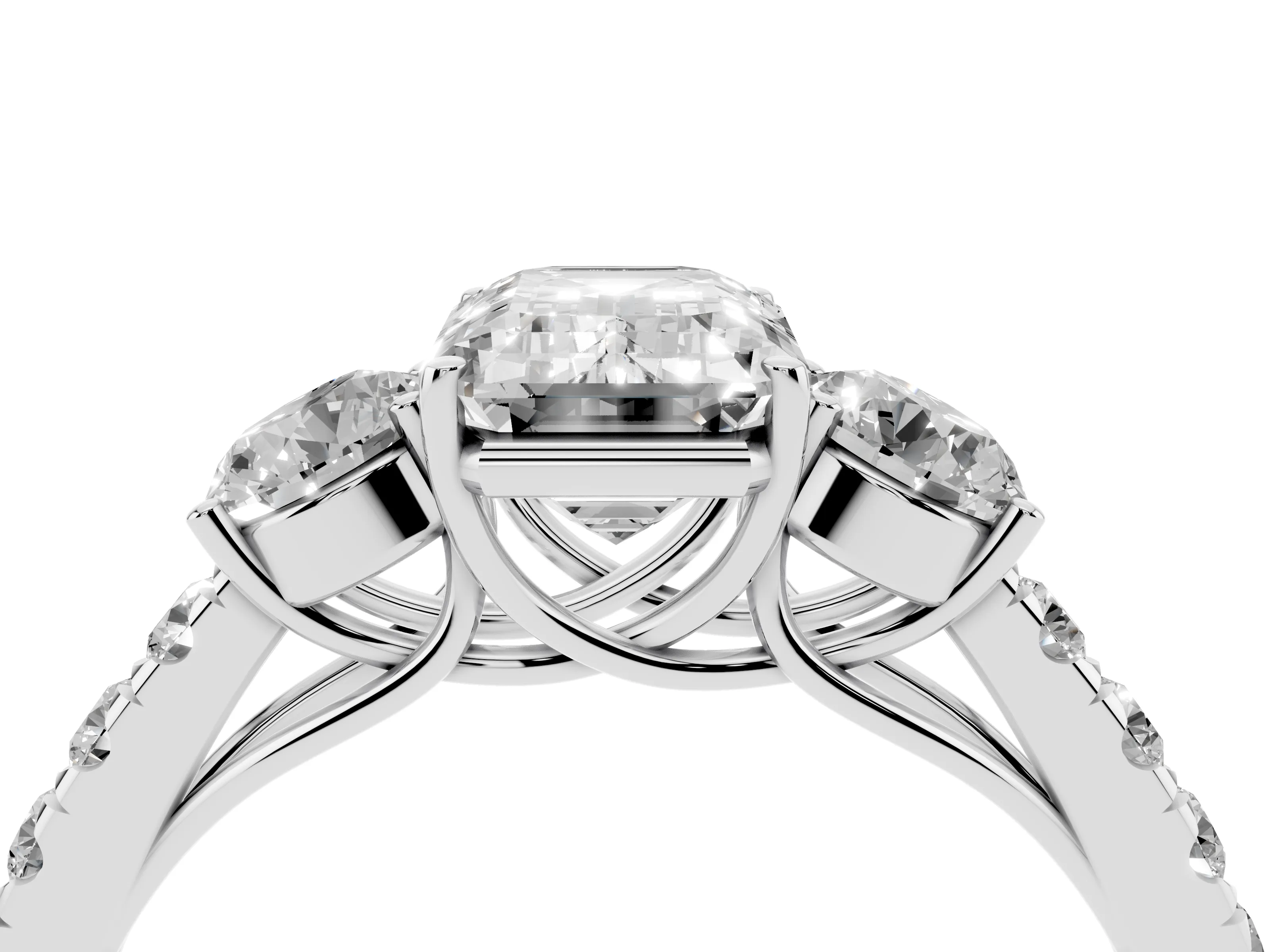 Emerald Cut Diamond Three-Stone Ring Set in White gold with Round Side Stones and Delicate Pavé Band