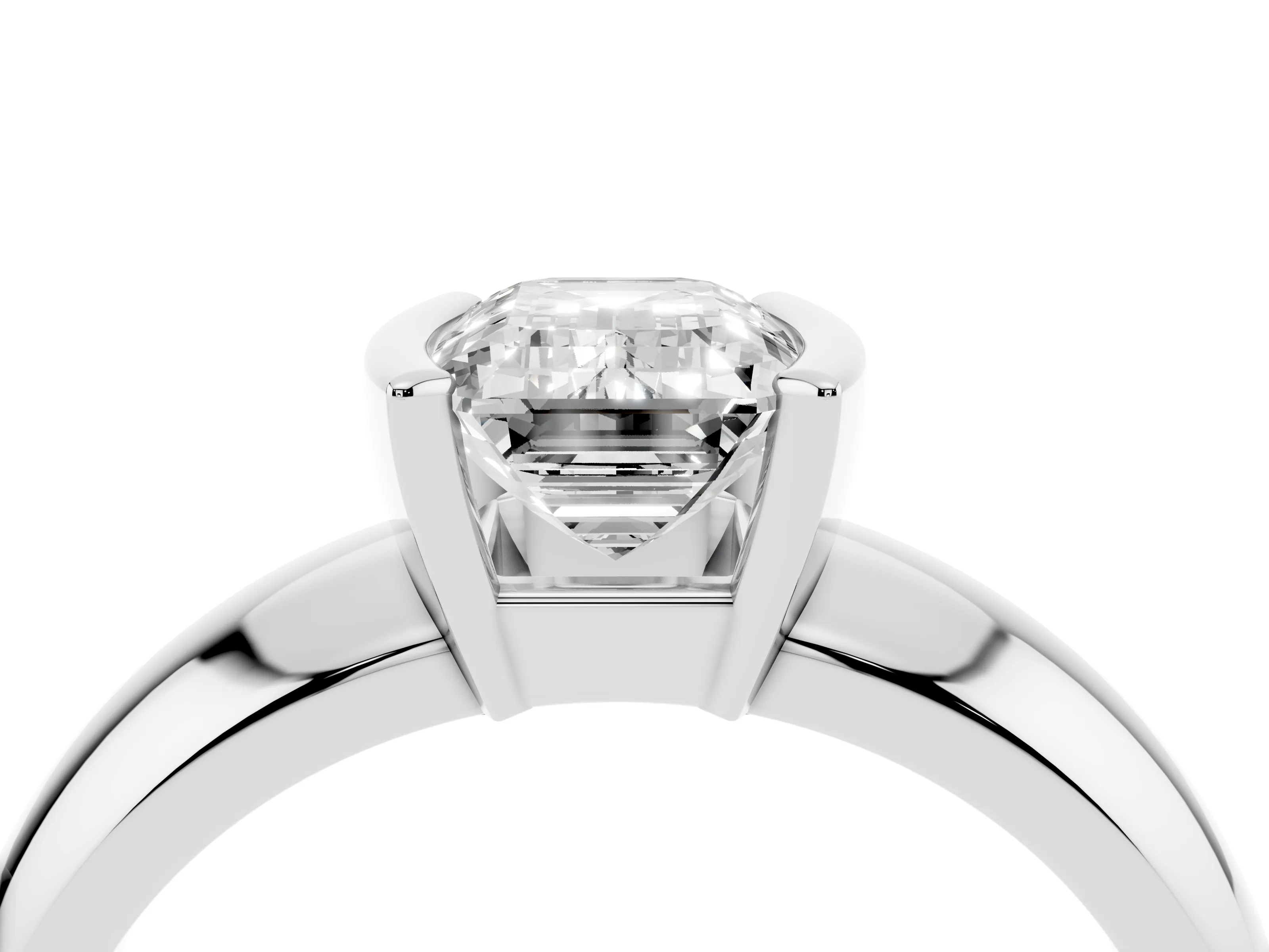 Emerald Cut Diamond Solitaire Tension Set Ring Set in White gold with Wide Band