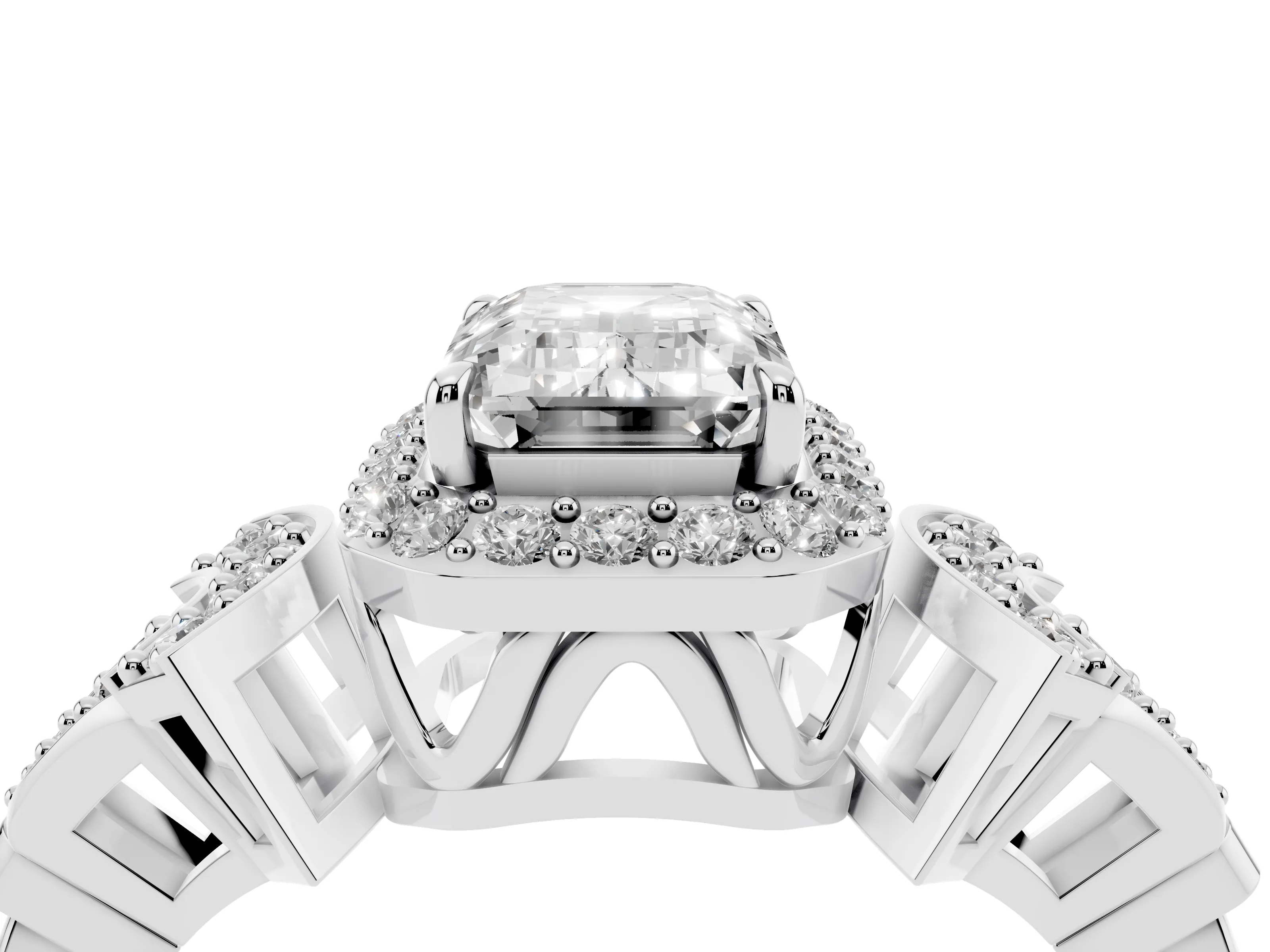 Emerald Cut Diamond Halo Engagement Ring Set in Silver with Accent Stone Split Shank