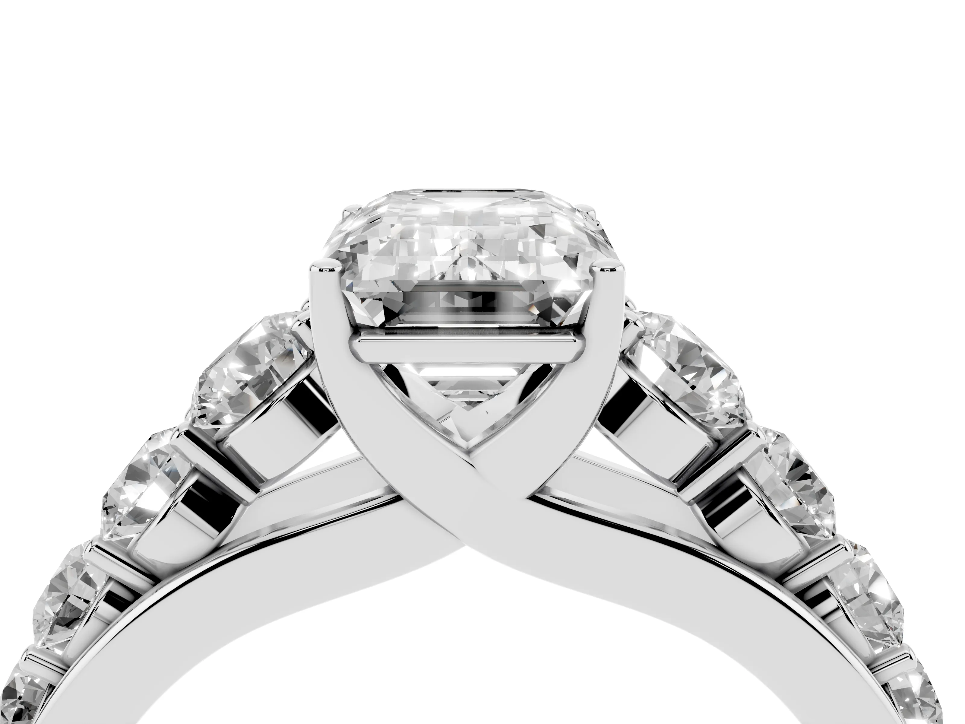 Emerald Cut Diamond Solitaire Ring Set in Platinum with Pavé-Set Band and Prong Setting