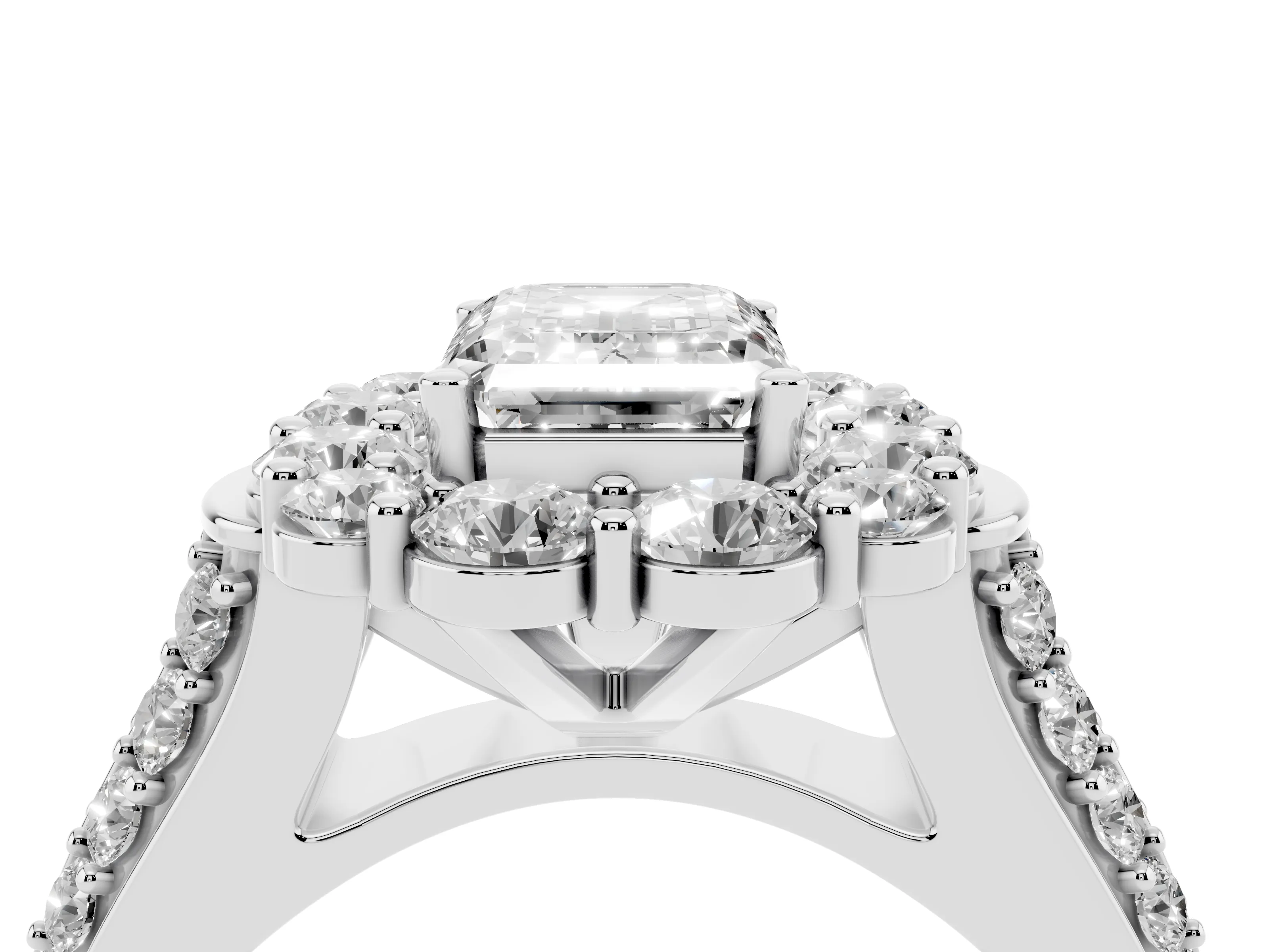Emerald Cut Diamond Halo Engagement Ring Set in Platinum with Split Shank and Prong Setting