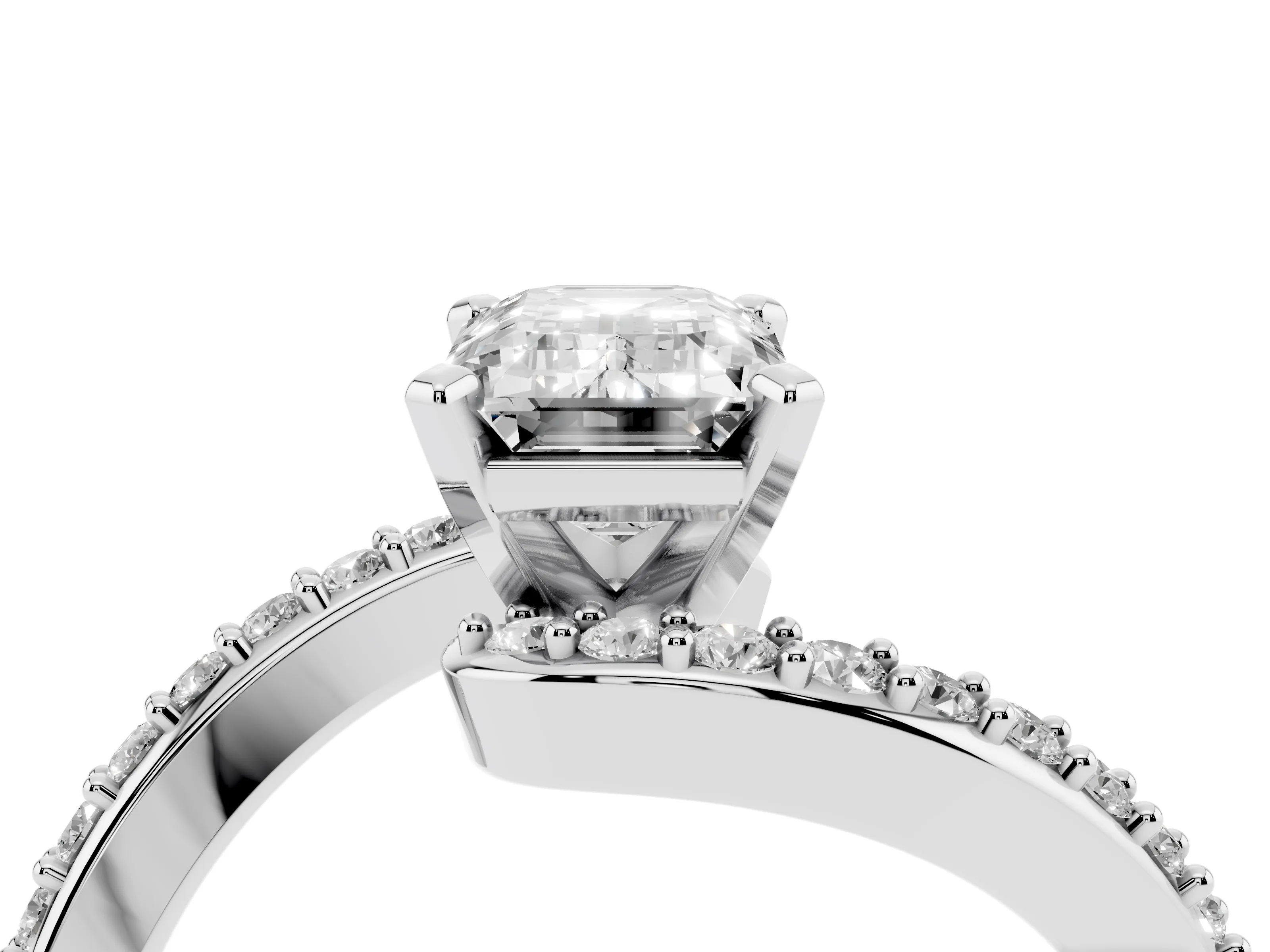 Emerald Cut Diamond Solitaire Ring Set in Platinum with Pavé Twist Band and Prong Setting