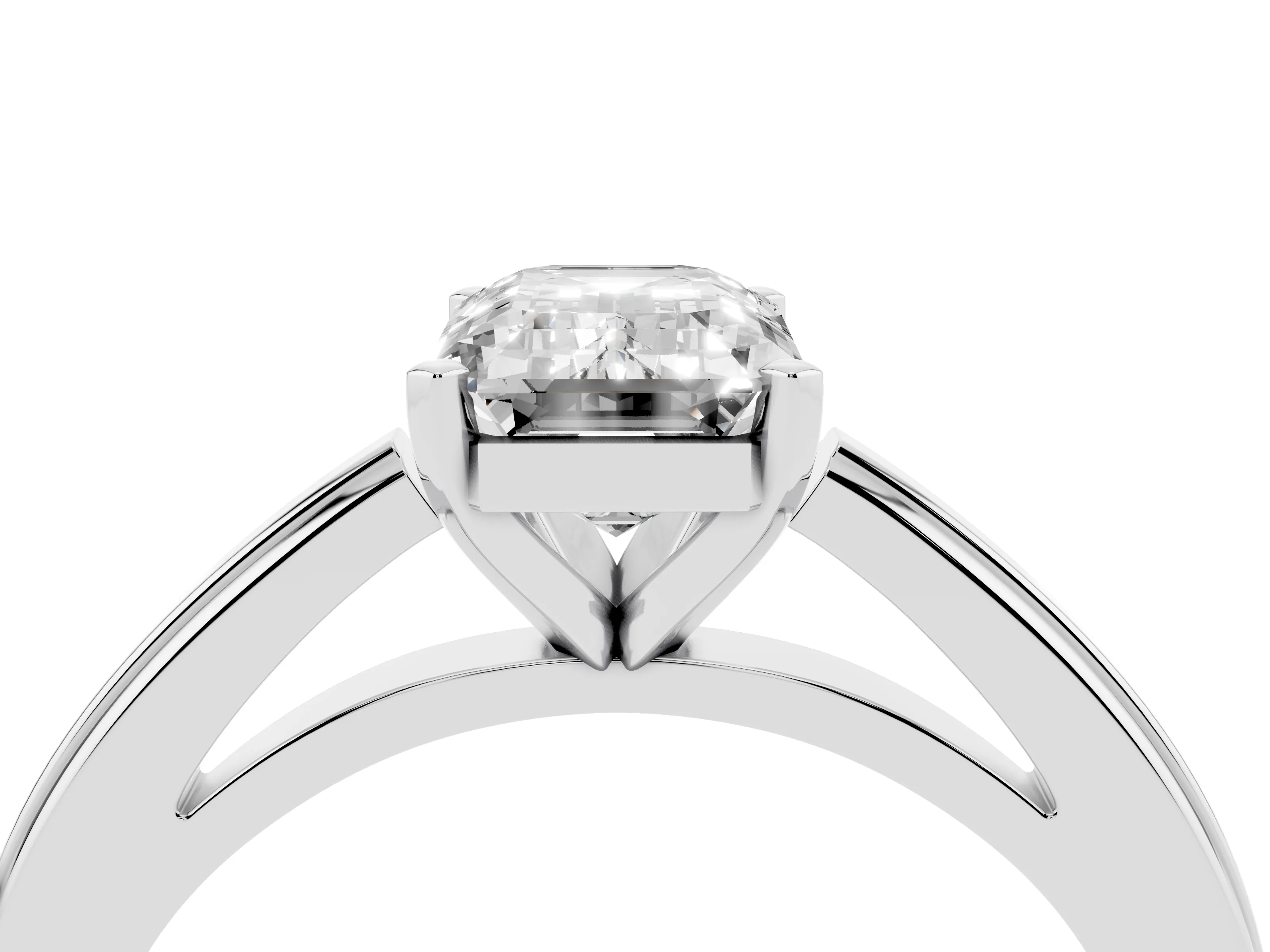 Emerald Cut Diamond Solitaire Ring Set in Platinum with Prong Setting and Classic Band