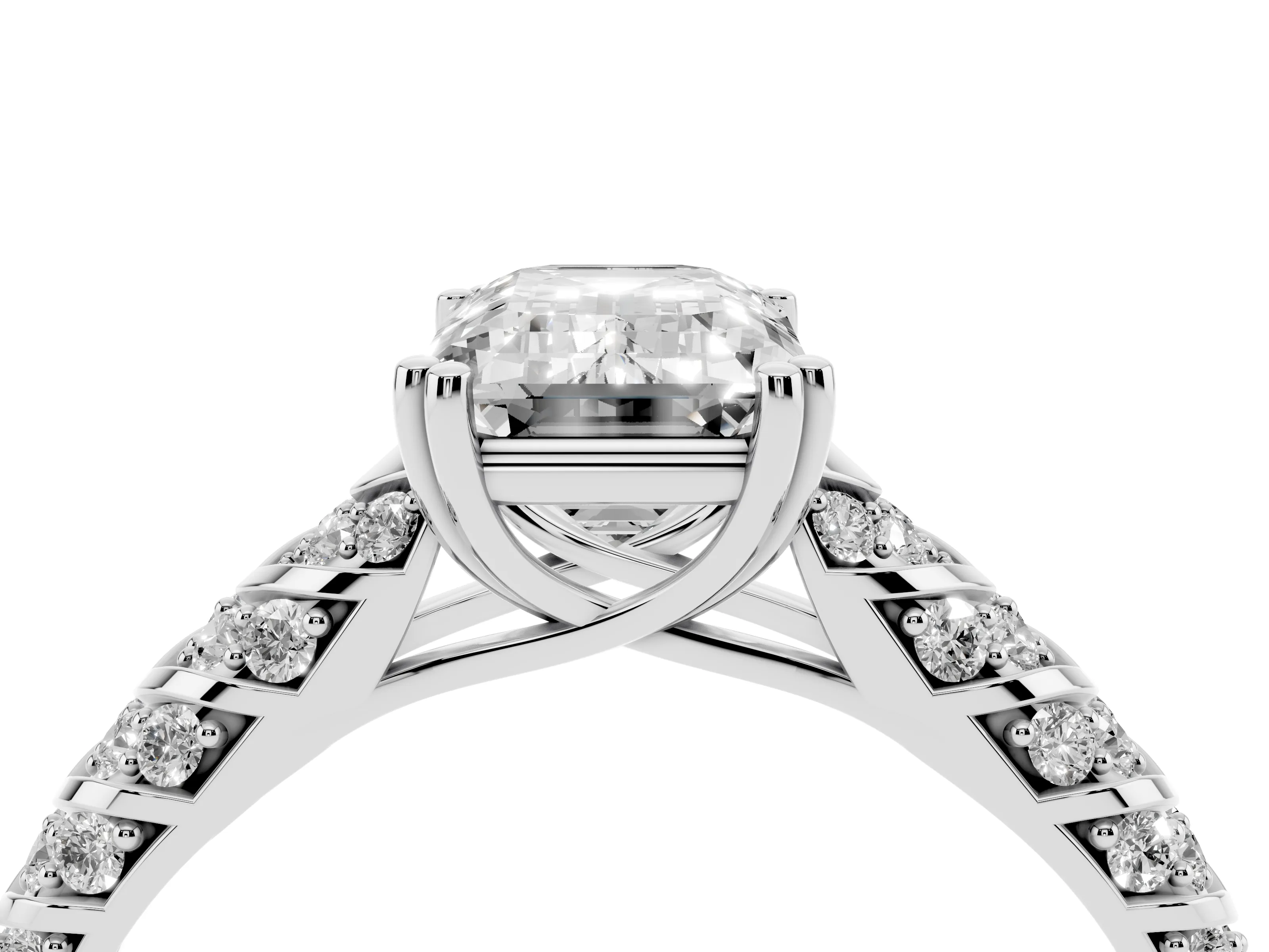 Emerald Cut Diamond Solitaire Chevron Pavé Engagement Ring Set in Silver with Prong Setting