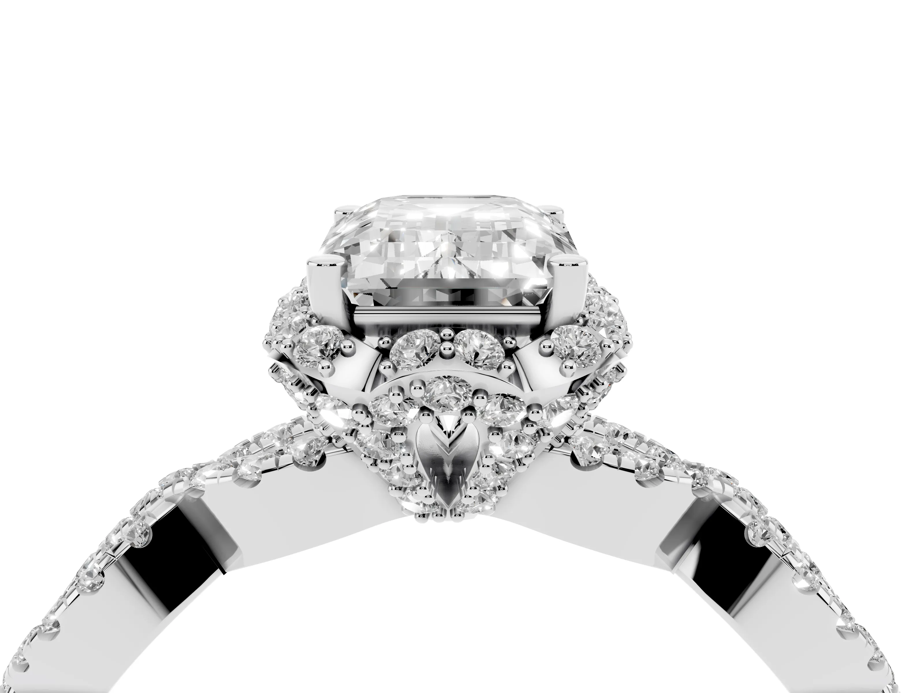 Emerald Cut Diamond Halo Twist Band Solitaire Ring Set in Silver with Prong-Set Center Stone