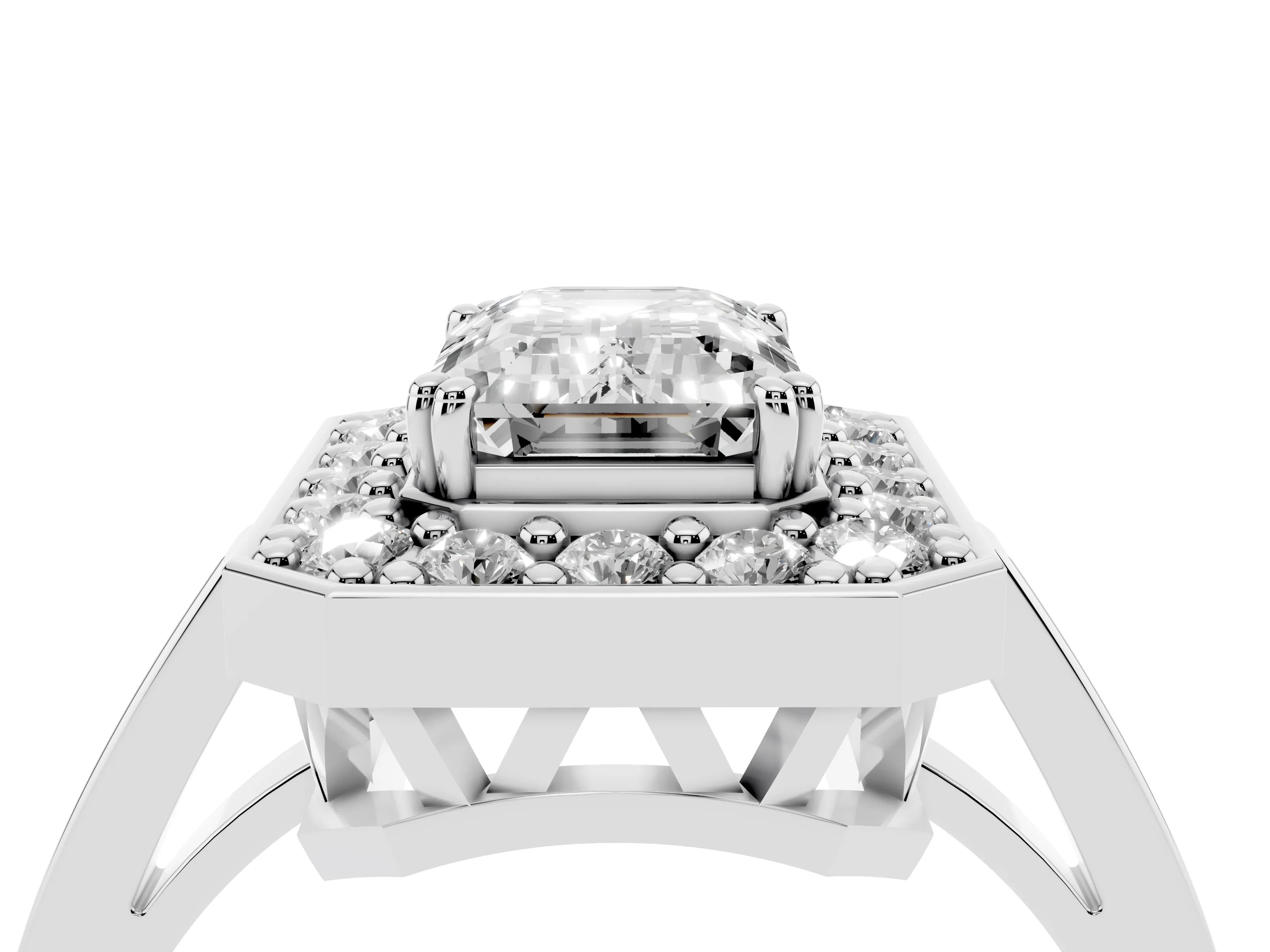 Emerald Cut Diamond Halo Ring Set in Platinum with Accent-Lined Split Shank and Prong Setting