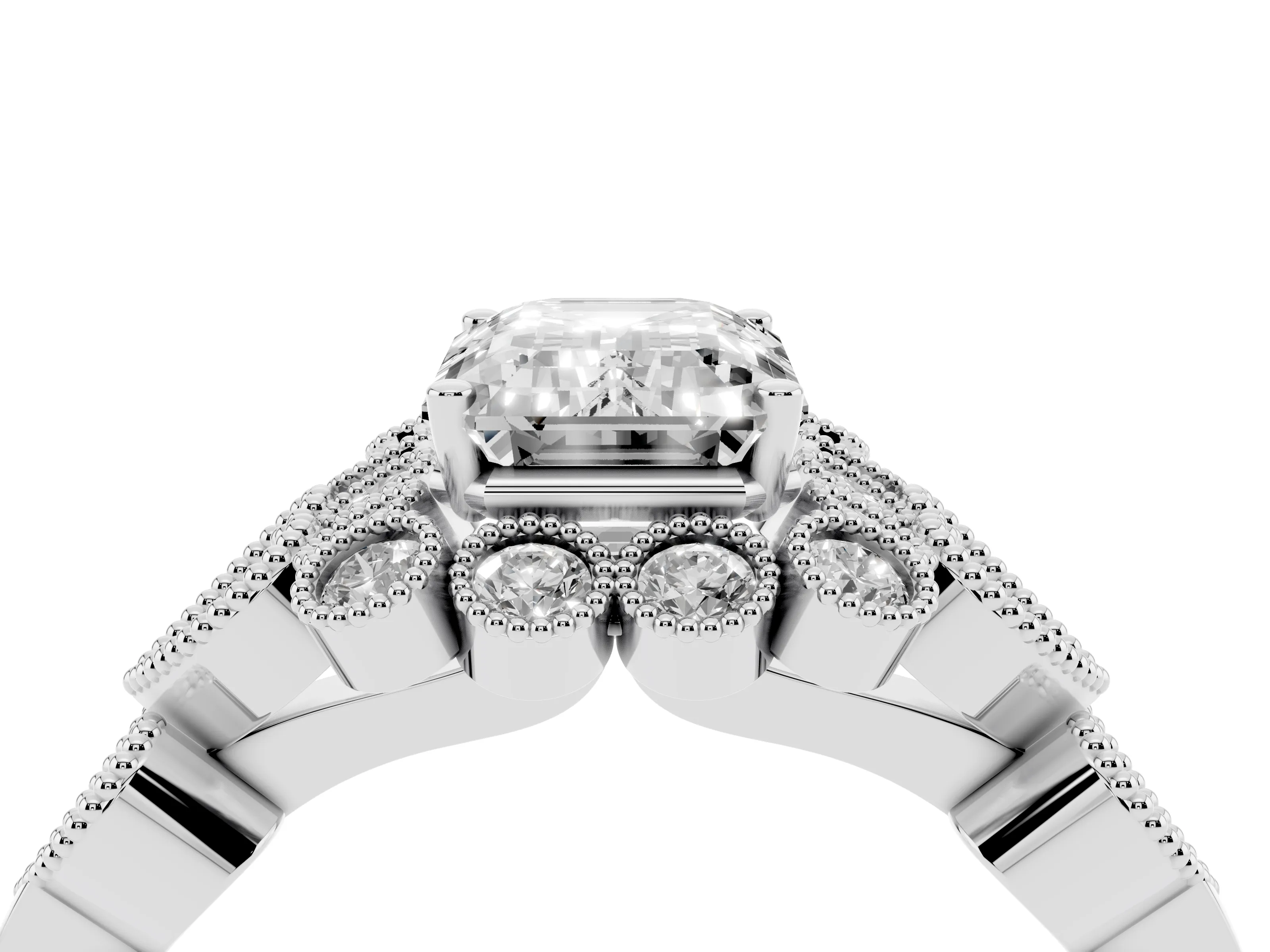 Emerald Cut Diamond Solitaire Ring Set in Silver with Milgrain Pavé Heart Band