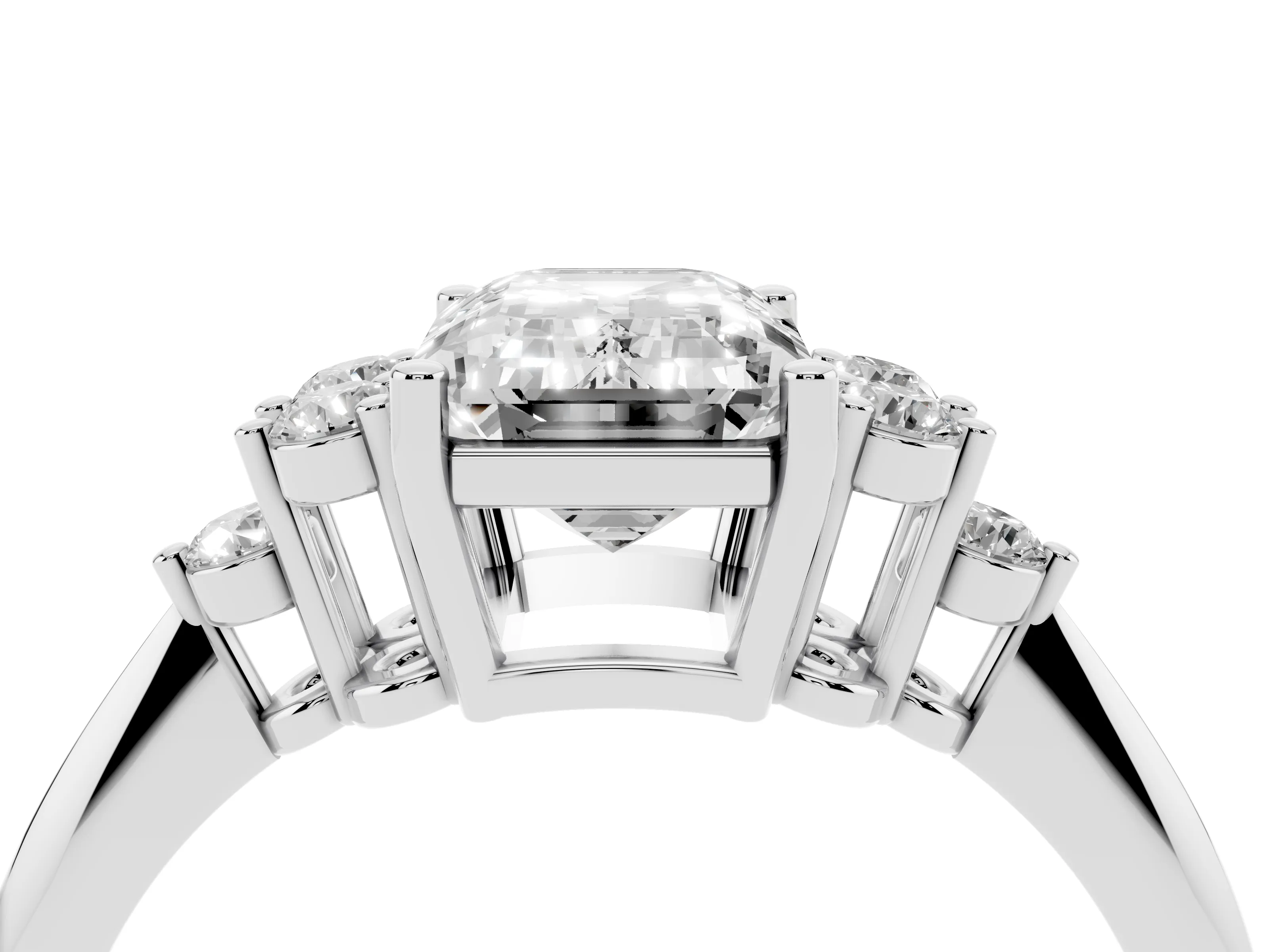 Emerald Cut Diamond Cluster Ring Set in White gold with Plain Band and Prong Setting