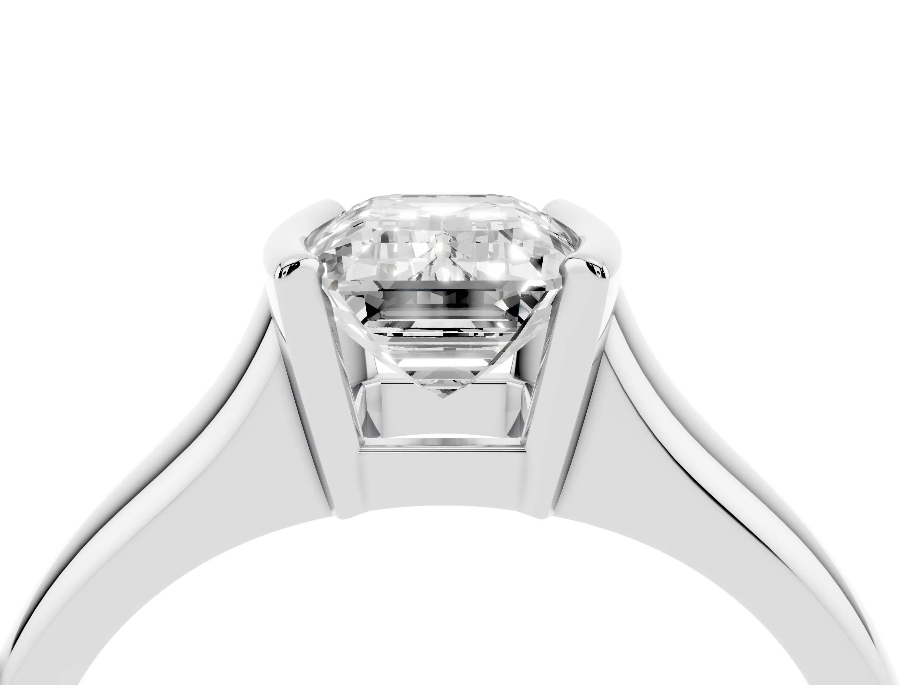 Emerald Cut Diamond Solitaire Tension Set Ring Set in White gold with Split Shank Band