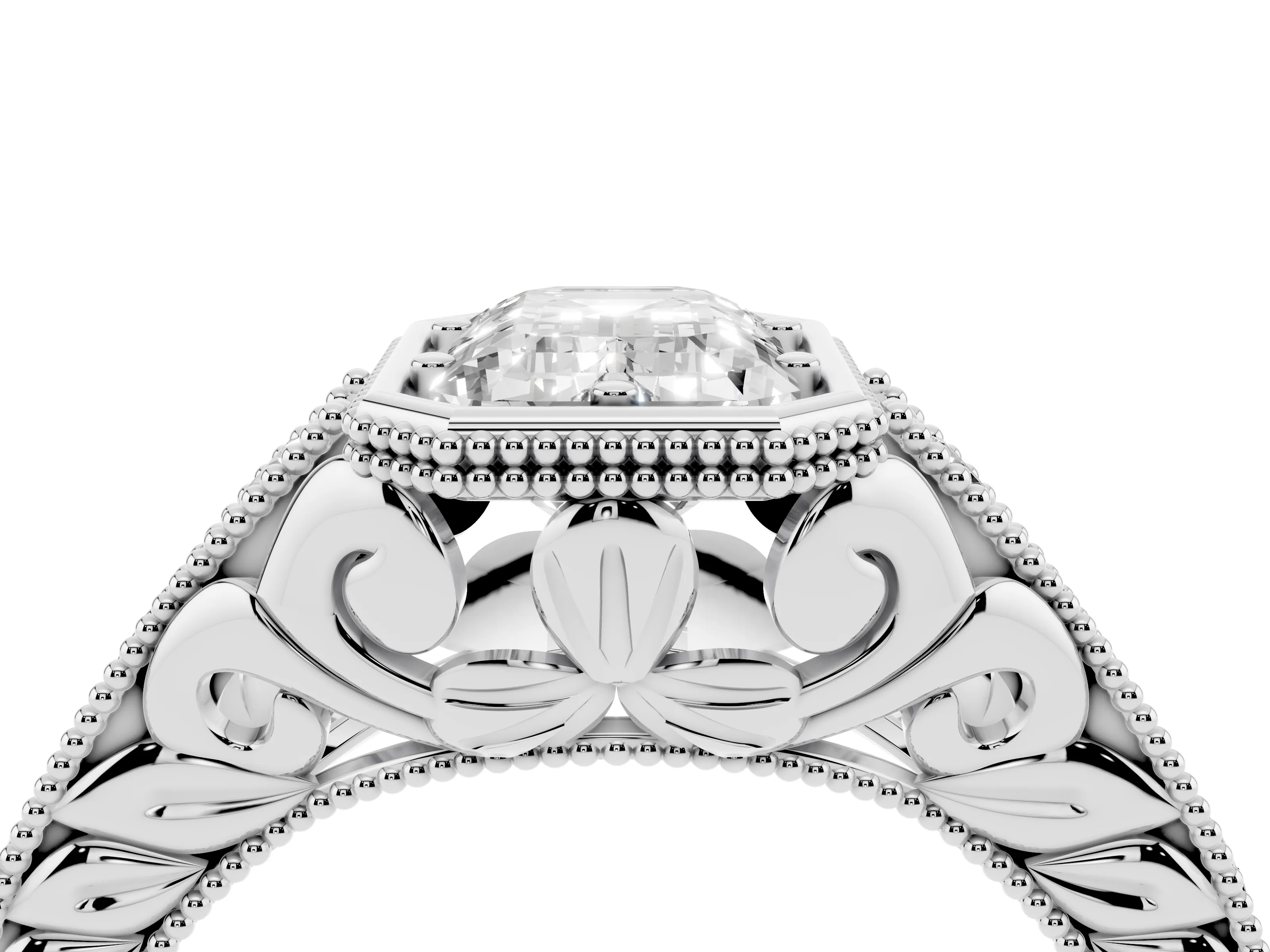 Bezel Set Emerald Cut Diamond Milgrain Pavé Engagement Ring Set in Silver