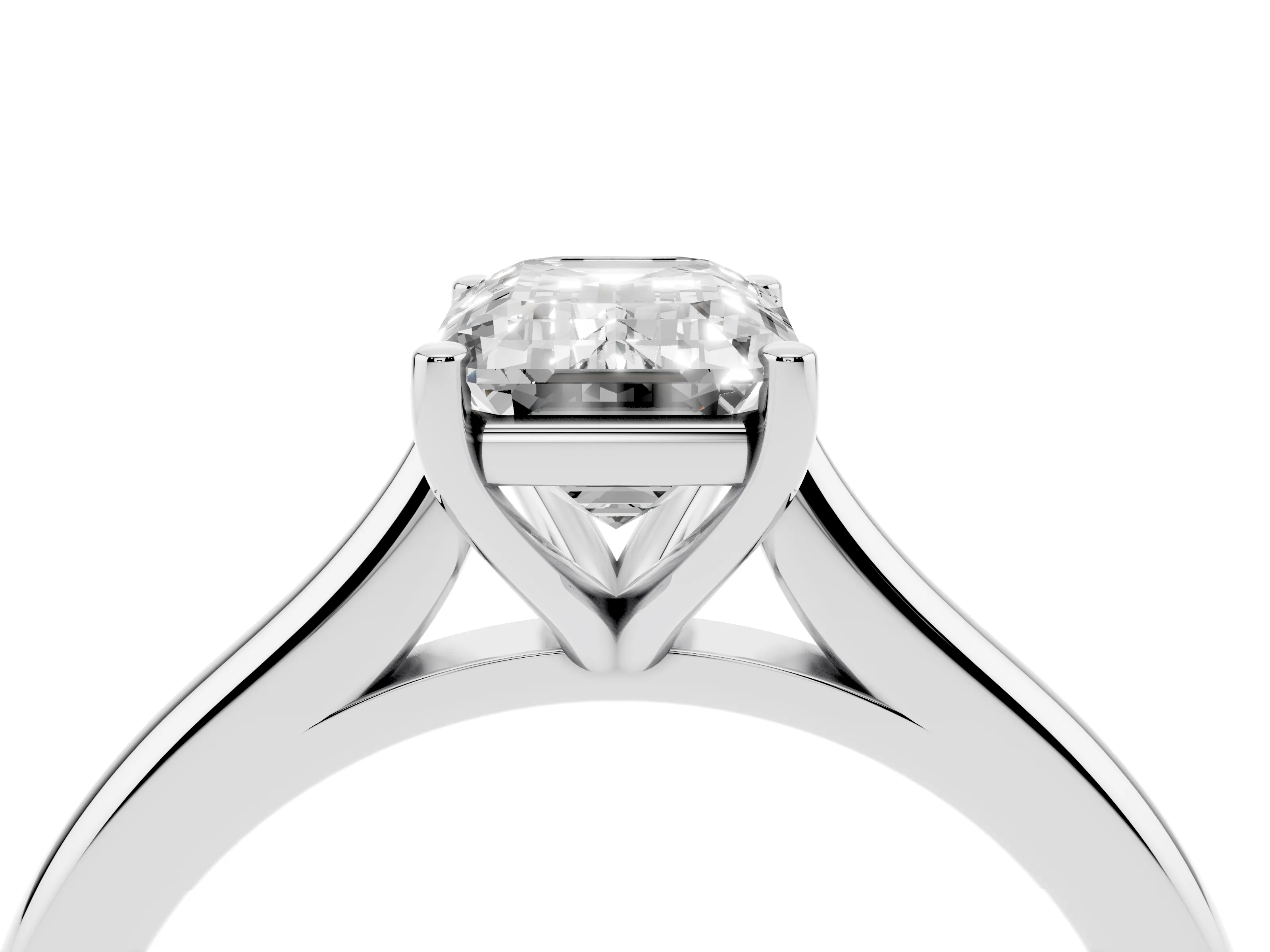 Emerald Cut Diamond Solitaire Ring Set in Silver with Cathedral Band and Prong Setting