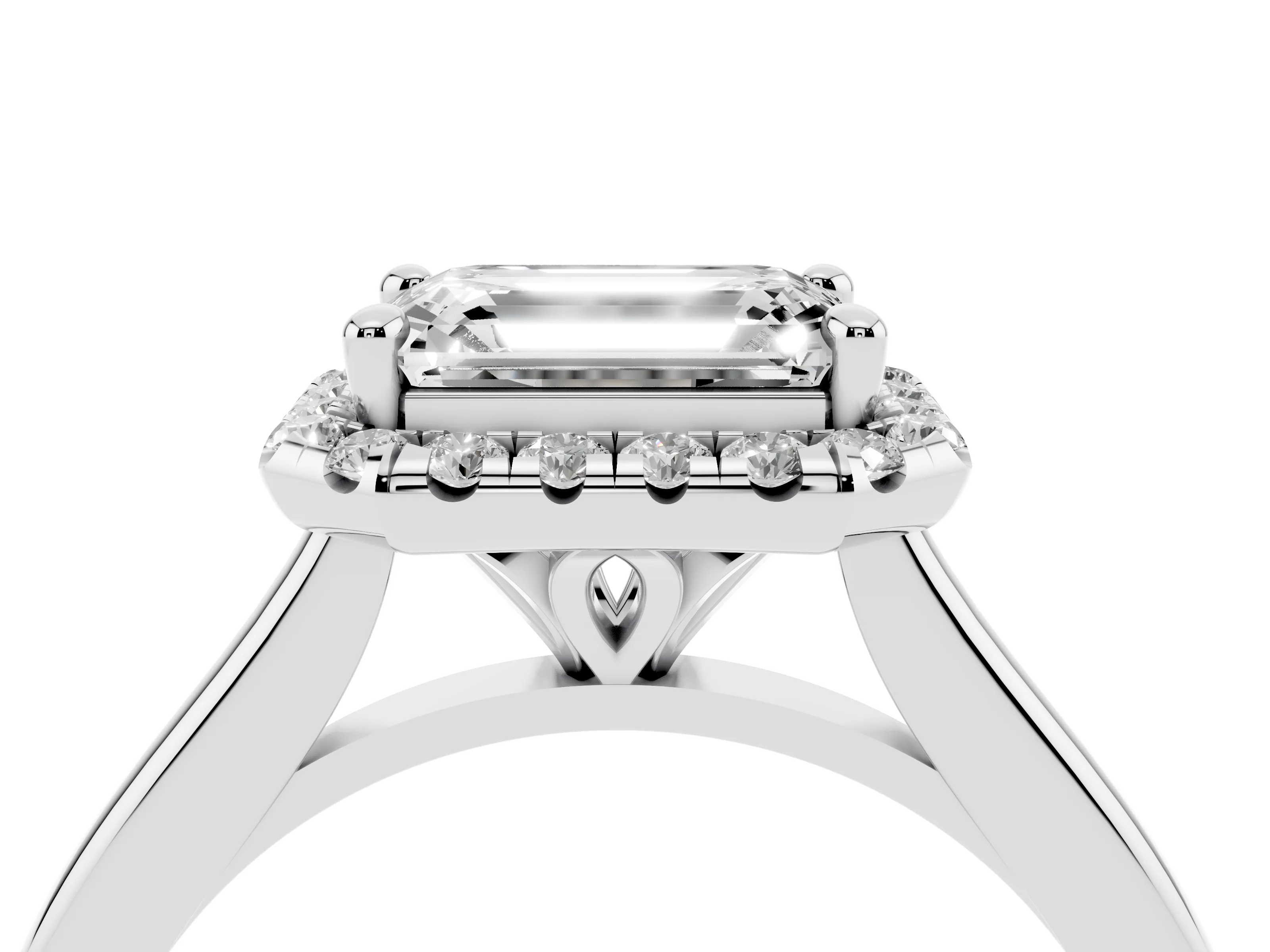 Emerald Cut Diamond Halo Engagement Ring Set in White gold with Pavé Band and Rising Shoulders