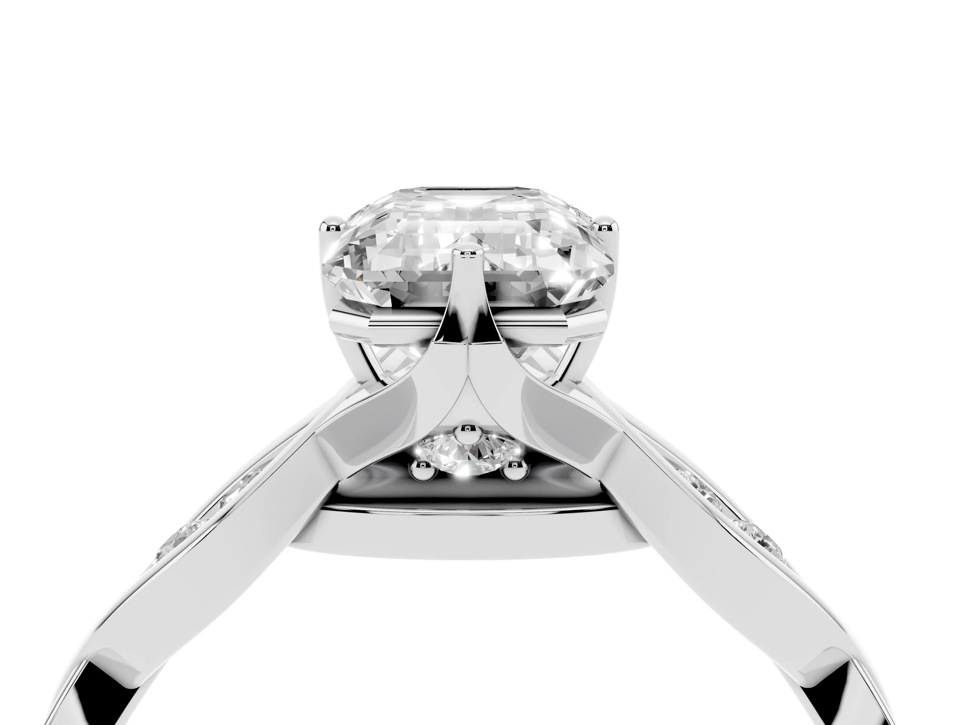 Emerald Cut Diamond Twist Band Solitaire Ring Set in Platinum with Leaf Prong Setting and Accent Stones