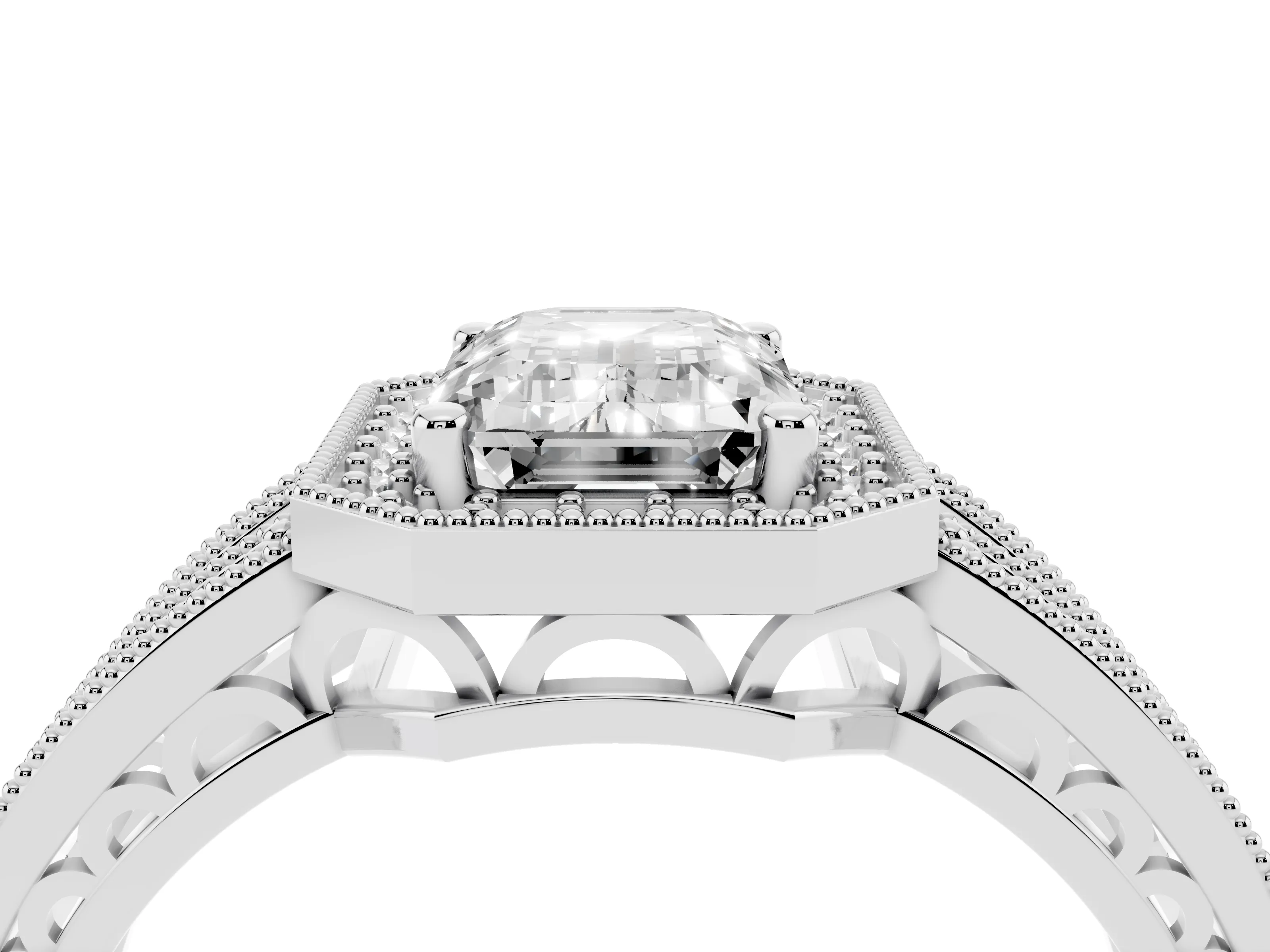 Emerald Cut Diamond Halo Ring Set in Silver with Accent Split Shank and Prong Setting