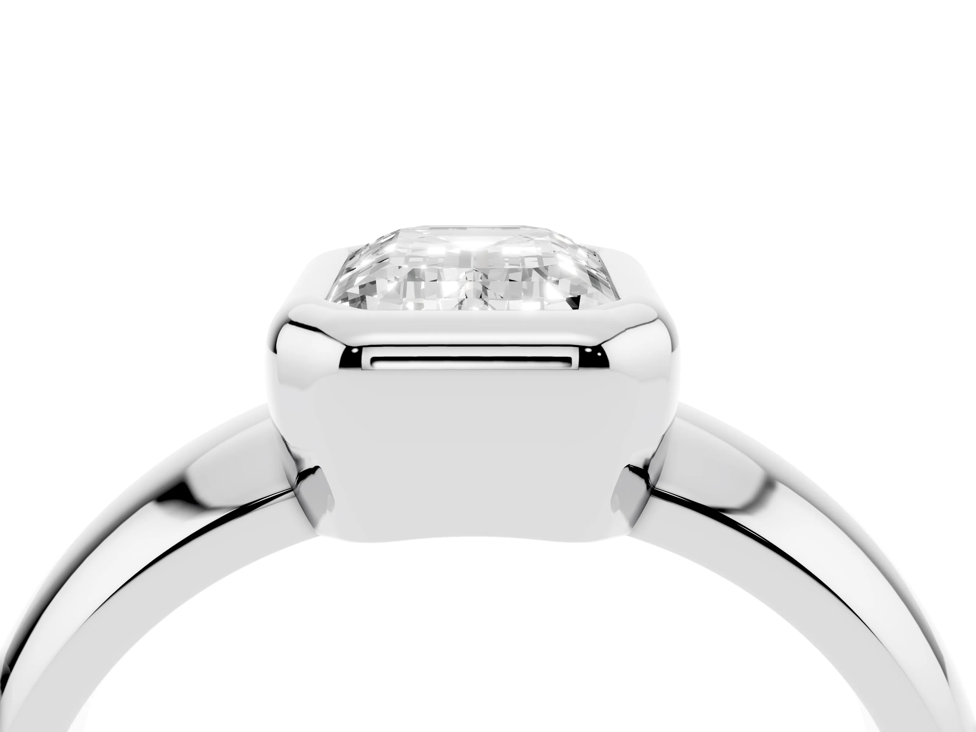 Bezel Set Emerald Cut Diamond Solitaire Ring Set in White gold with Wide Band