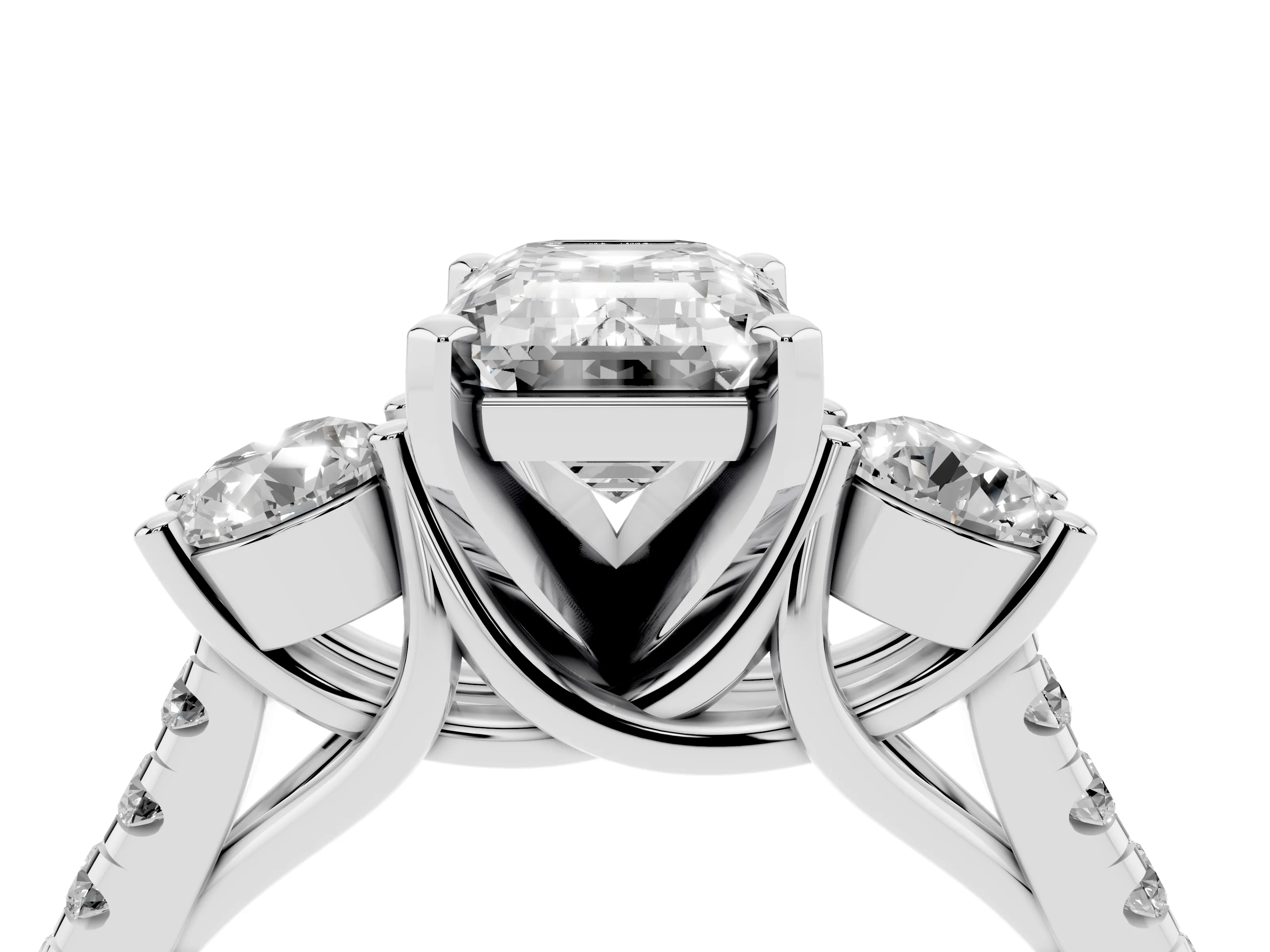 Three-Stone Emerald Cut Diamond Pavé Band Ring Set in Platinum with Prong-Set Trio