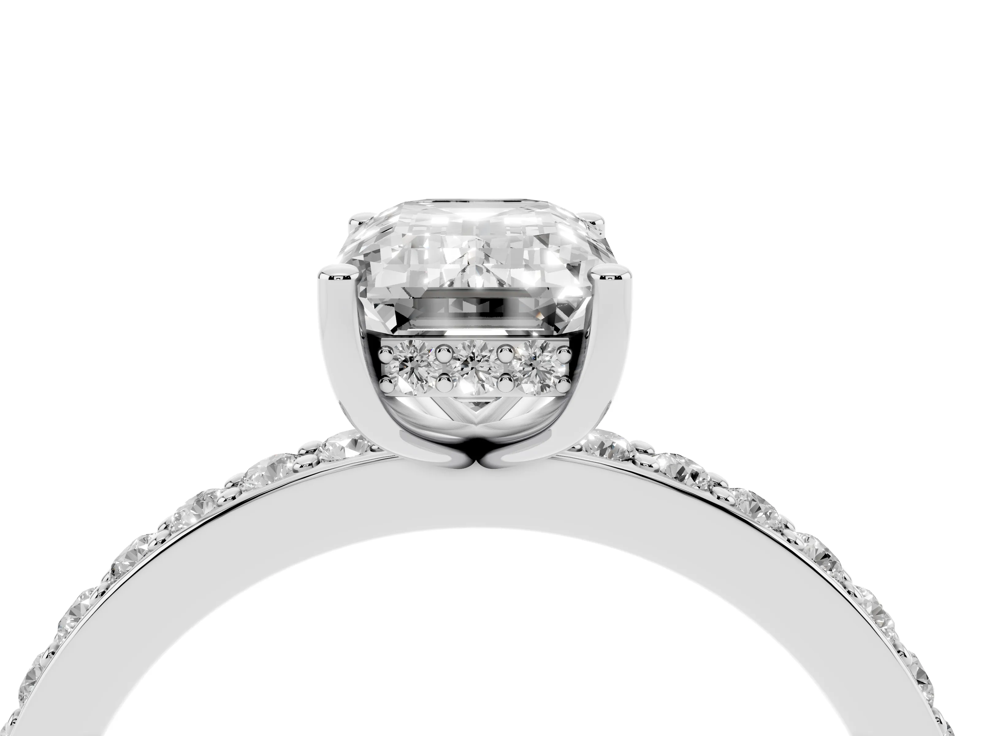 Emerald Cut Diamond Pavé Band Ring Set in White gold with Prong-Set Center Stone