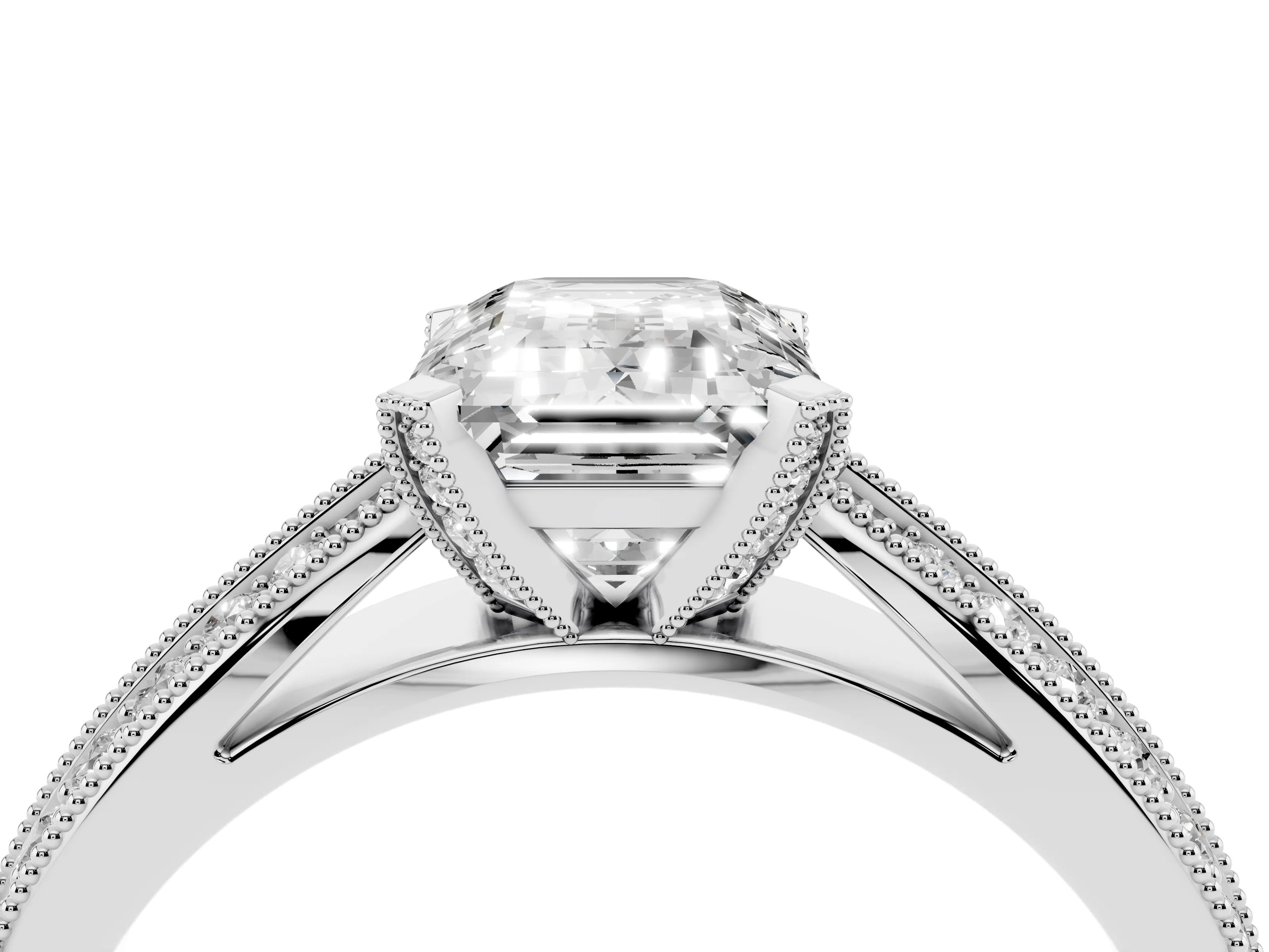 Emerald Cut Diamond Solitaire Ring Set in Platinum with Milgrain Double Row Round Pavé Band