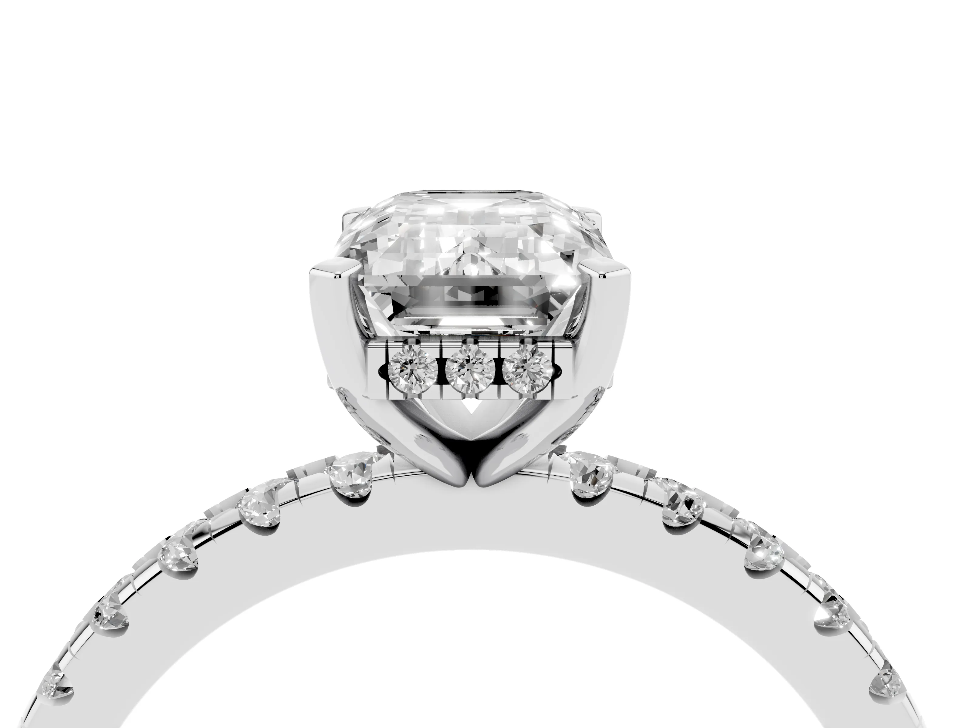 Emerald Cut Diamond Pavé Solitaire Ring Set in Platinum with Round Band Accents and Prong Setting