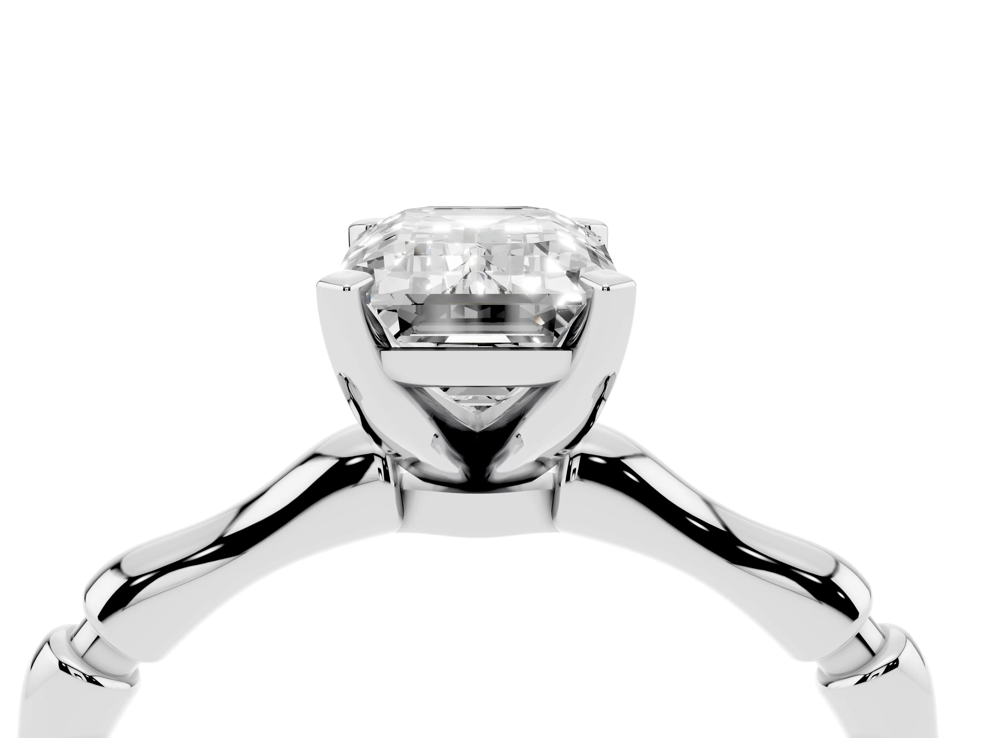 Emerald Cut Diamond Solitaire Ring Set in Silver with Bamboo Band and Prong Setting