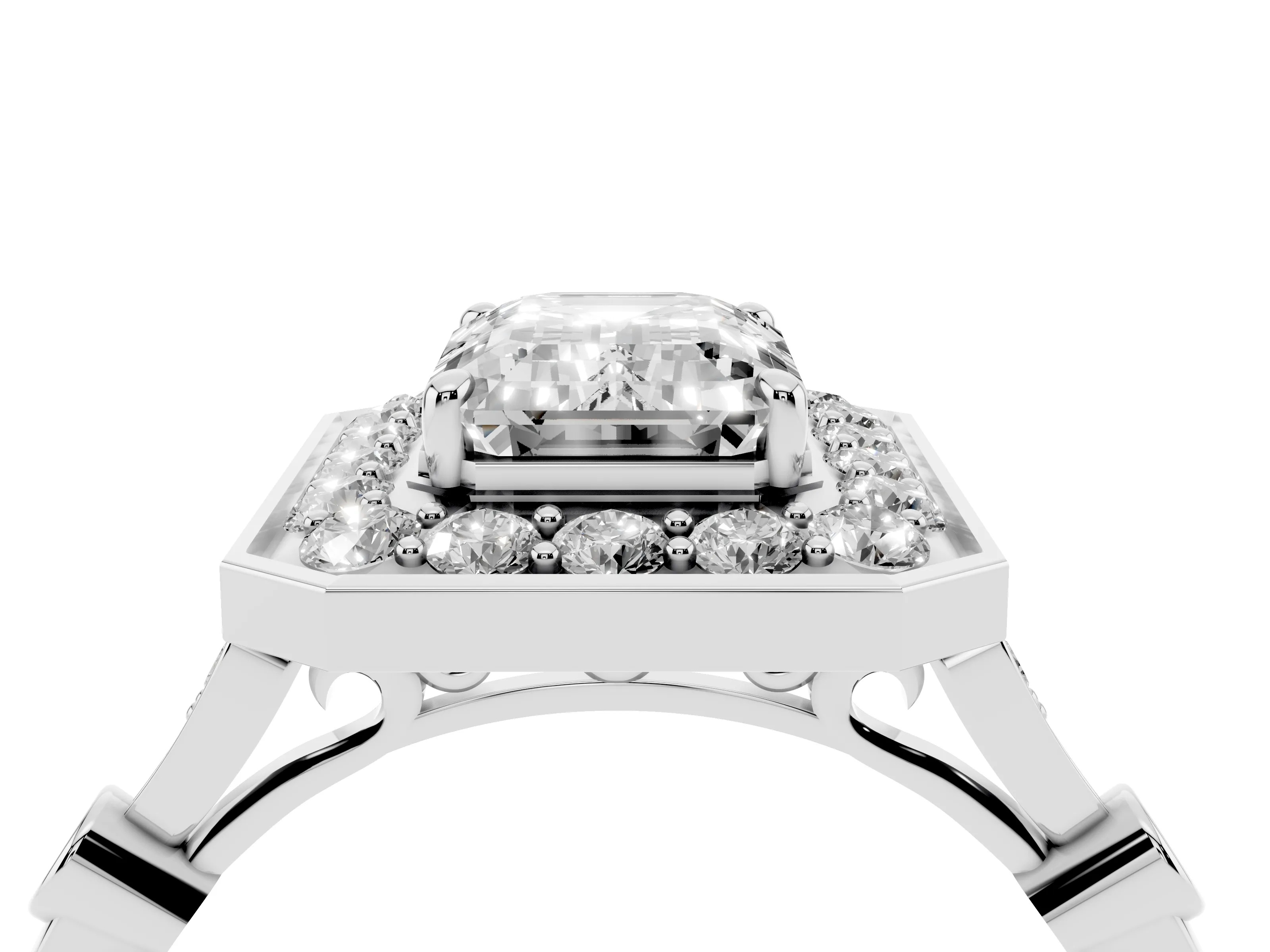 Emerald Cut Diamond Halo Engagement Ring Set in Platinum with Twisted Band and Prong Setting