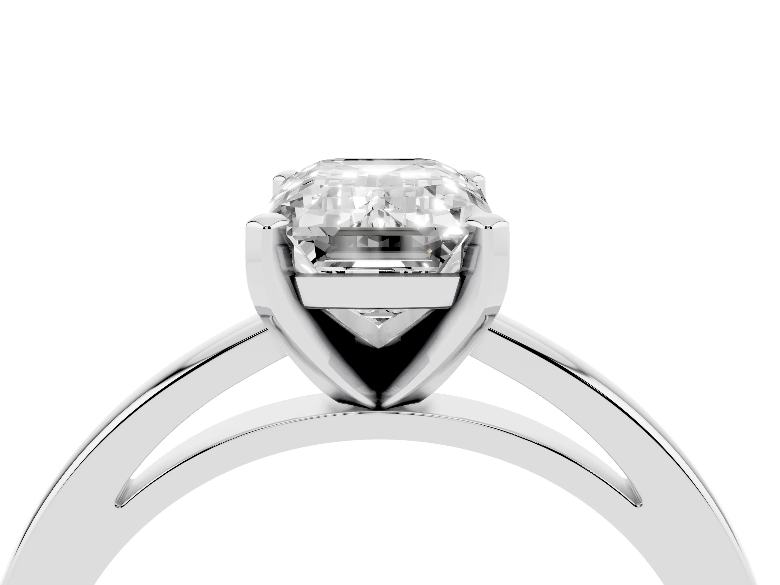 Emerald Cut Diamond Solitaire Engagement Ring Set in Platinum with Prong Setting on a Classic Band