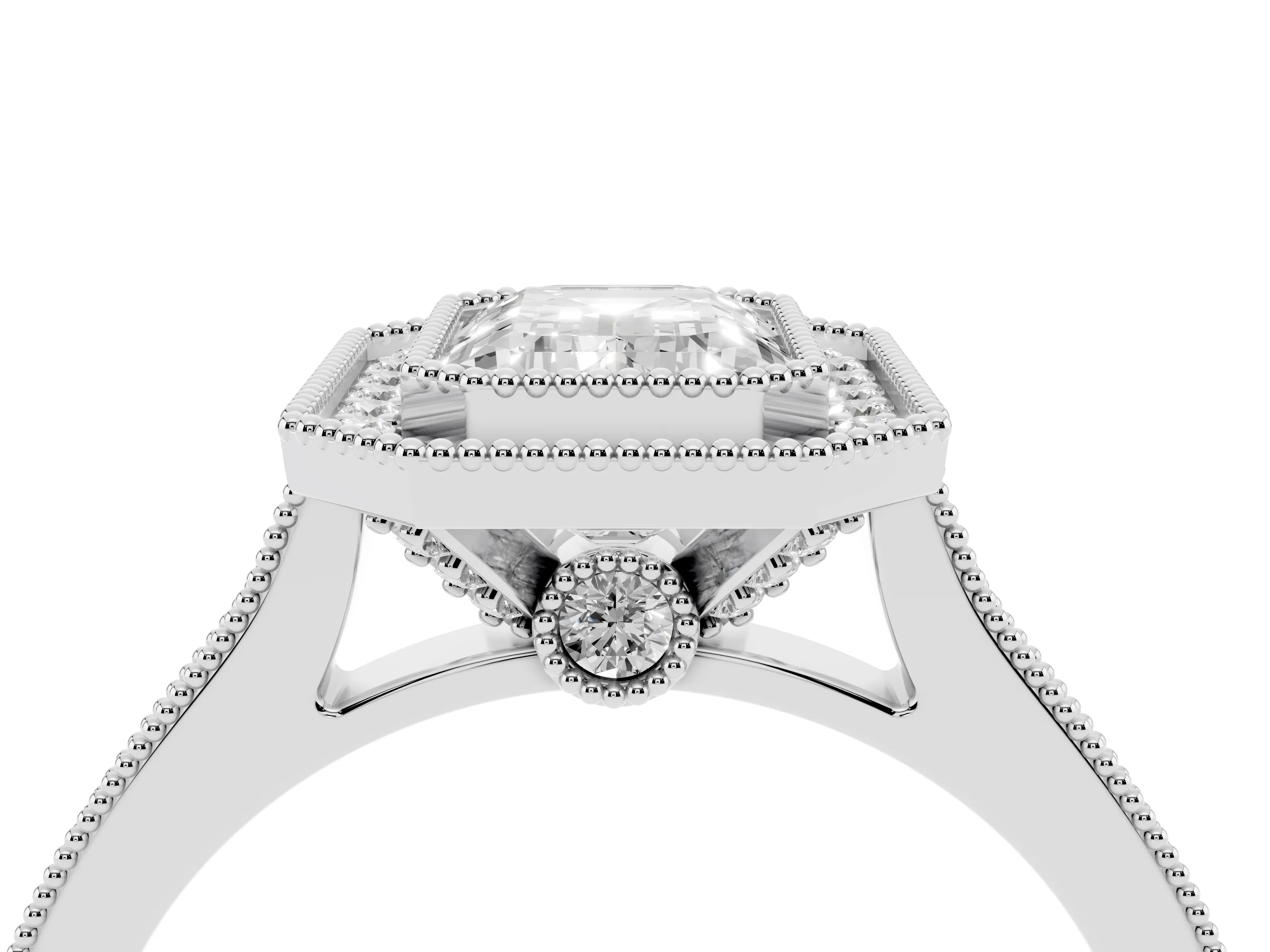 Emerald Cut Diamond Halo Milgrain Pavé Band Ring Set in White gold with Prong Setting