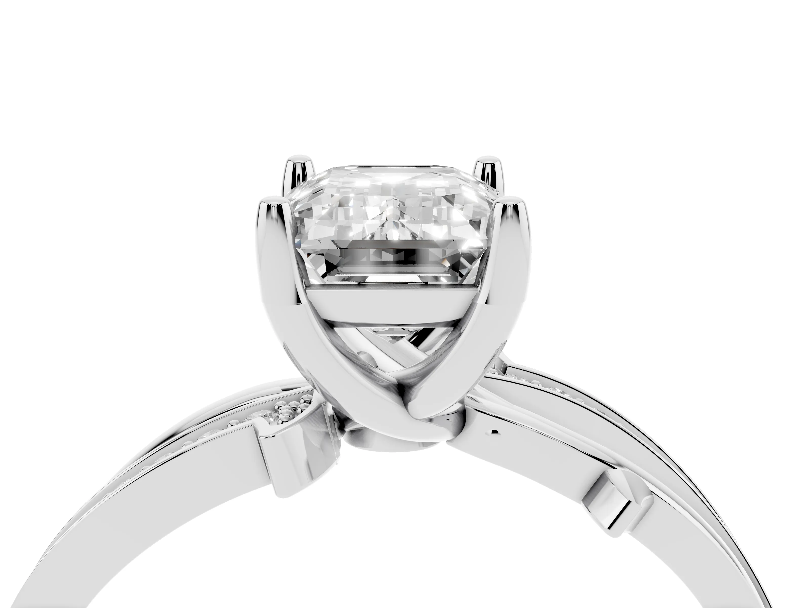 Emerald Cut Diamond Pavé Twist Band Solitaire Ring Set in Silver with Prong Setting