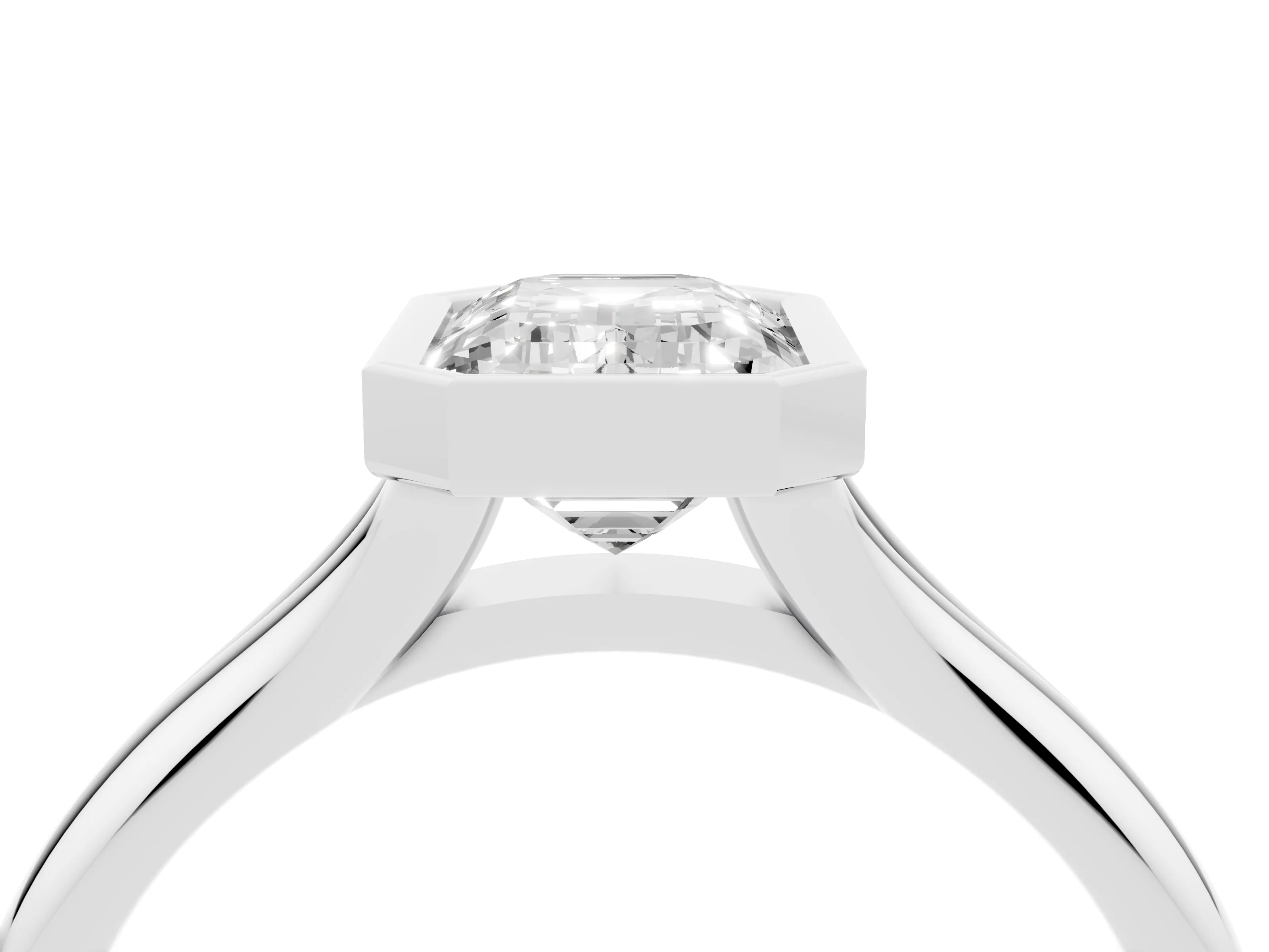 Bezel Set Emerald Cut Diamond Solitaire Ring Set in White gold with Smooth Band