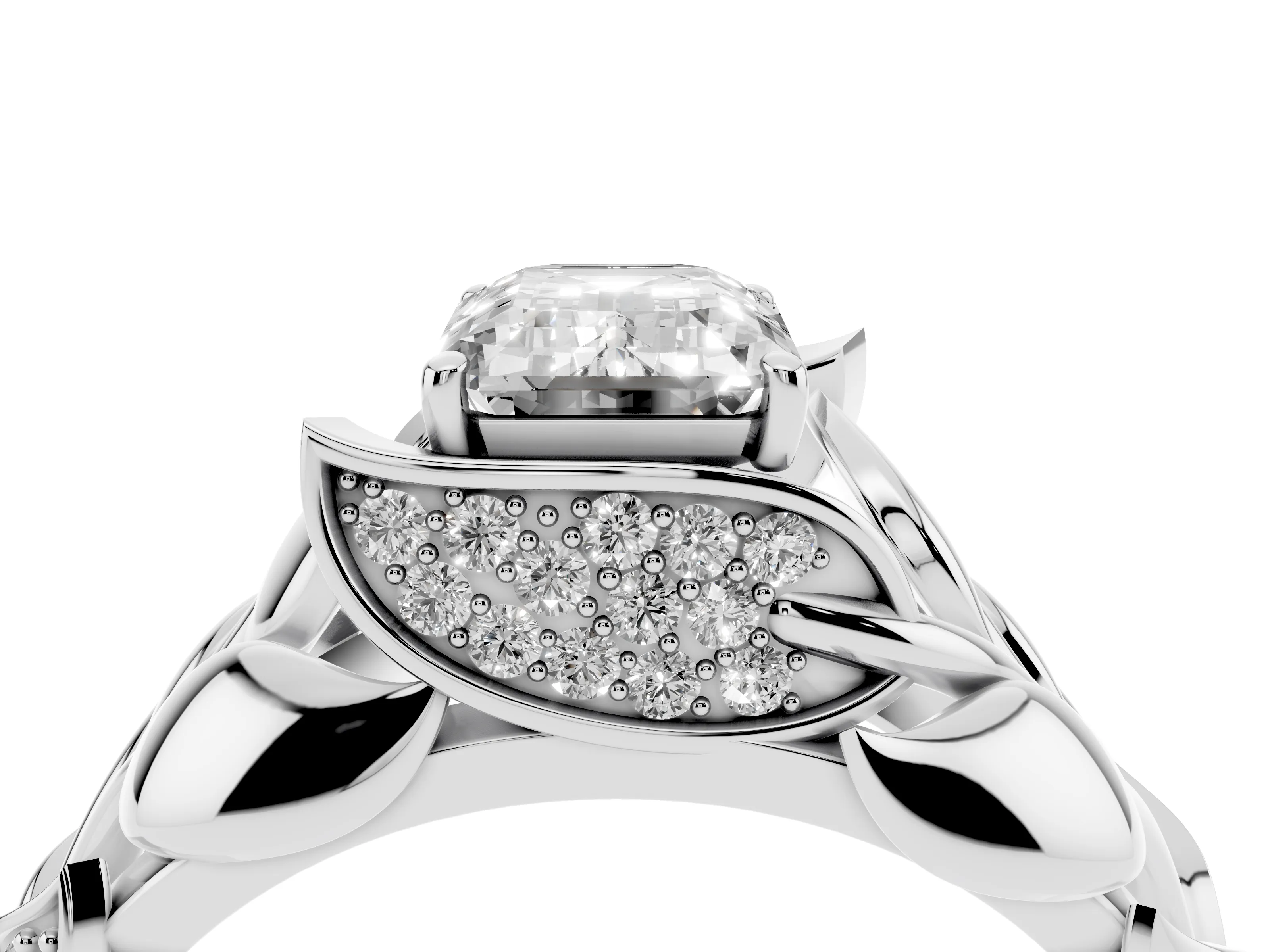 Emerald Cut Diamond Leaf-Inspired Engagement Ring Set in Silver with Round Accents