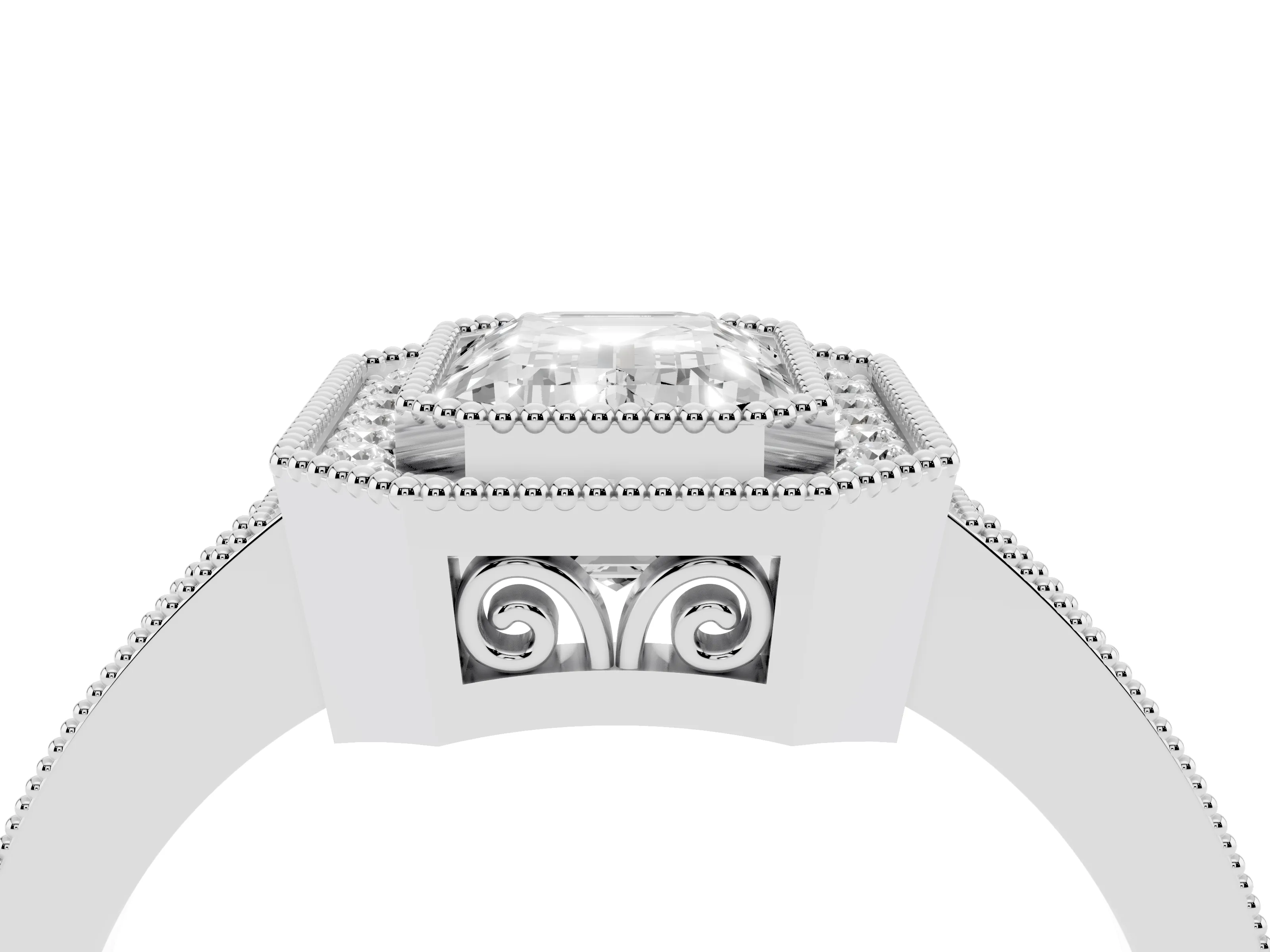 Emerald Cut Diamond Halo Ring Set in White gold with Pavé Band and Milgrain-Edged Prongs