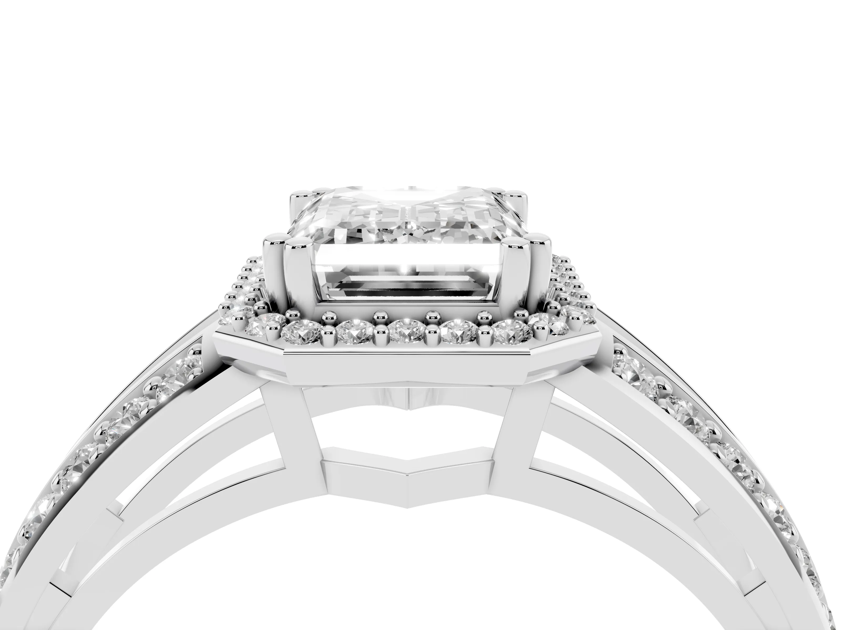 Emerald Cut Diamond Halo Ring Set in White gold with Double Pavé Split Shank