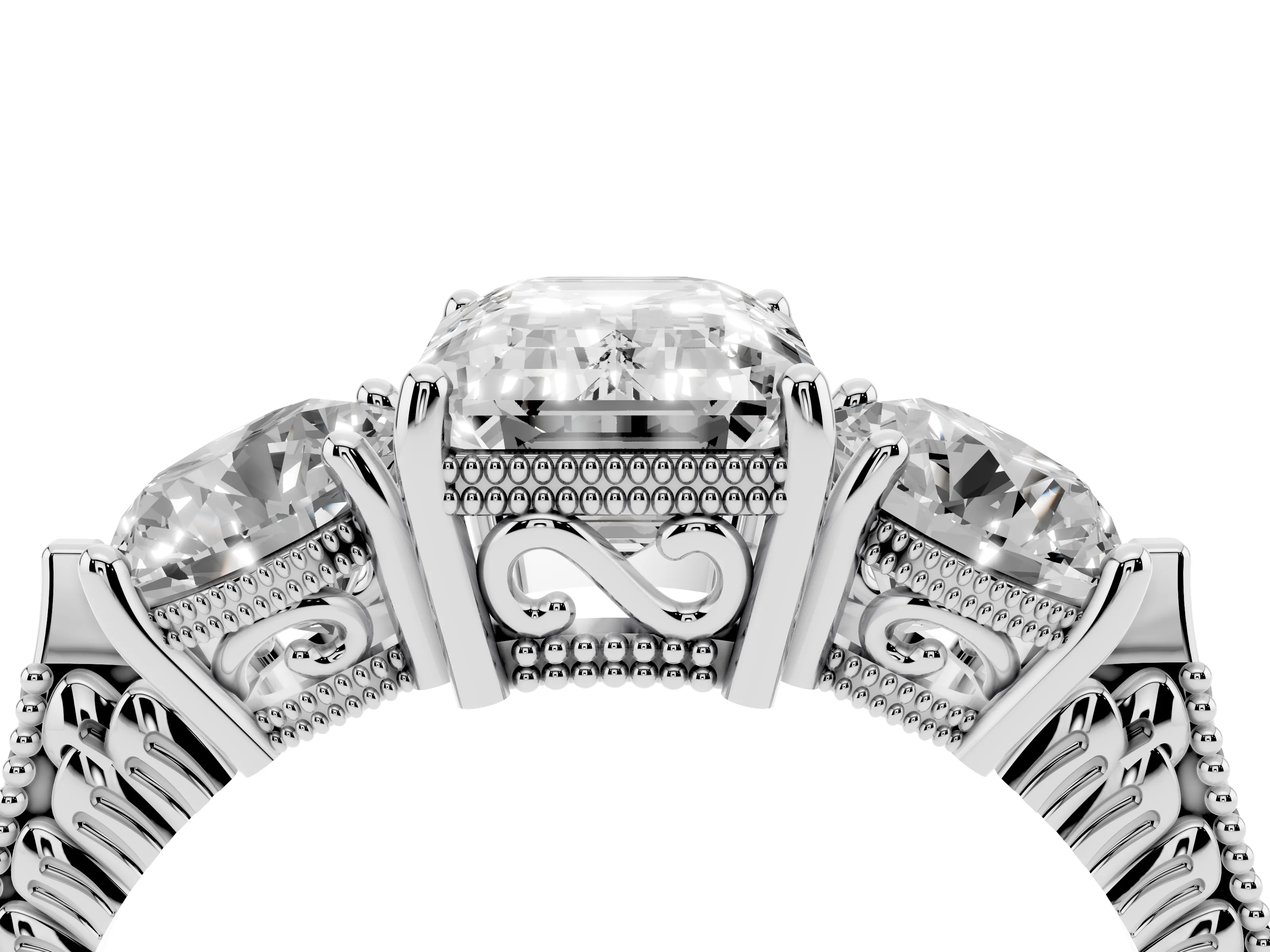 Emerald Cut Diamond Three-Stone Ring Set in Platinum with Milgrain Band