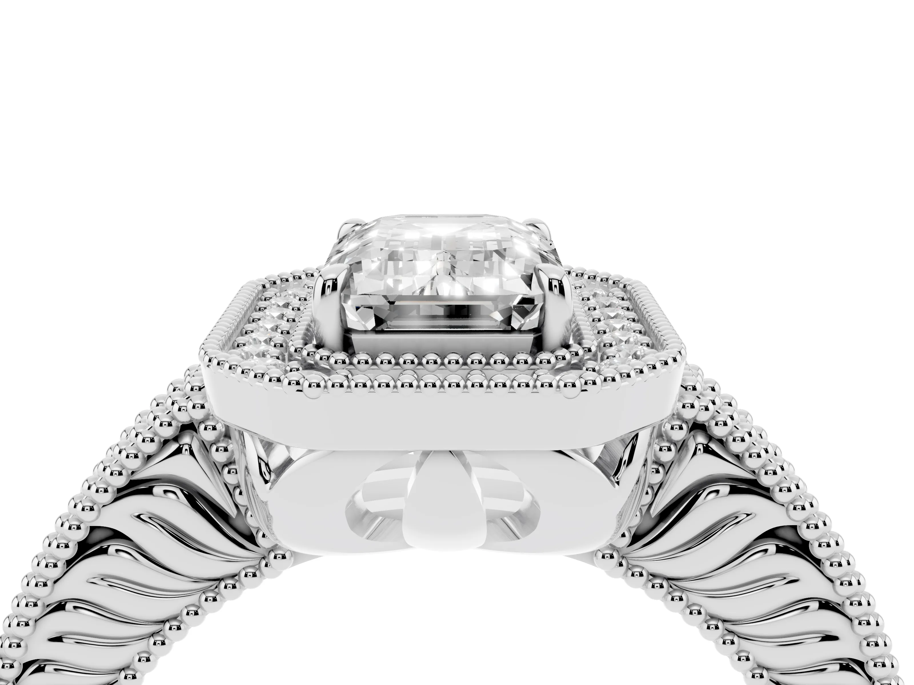 Emerald Cut Diamond Halo Ring Set in Silver with Round Accent Halo, Pavé Band and Prong Setting