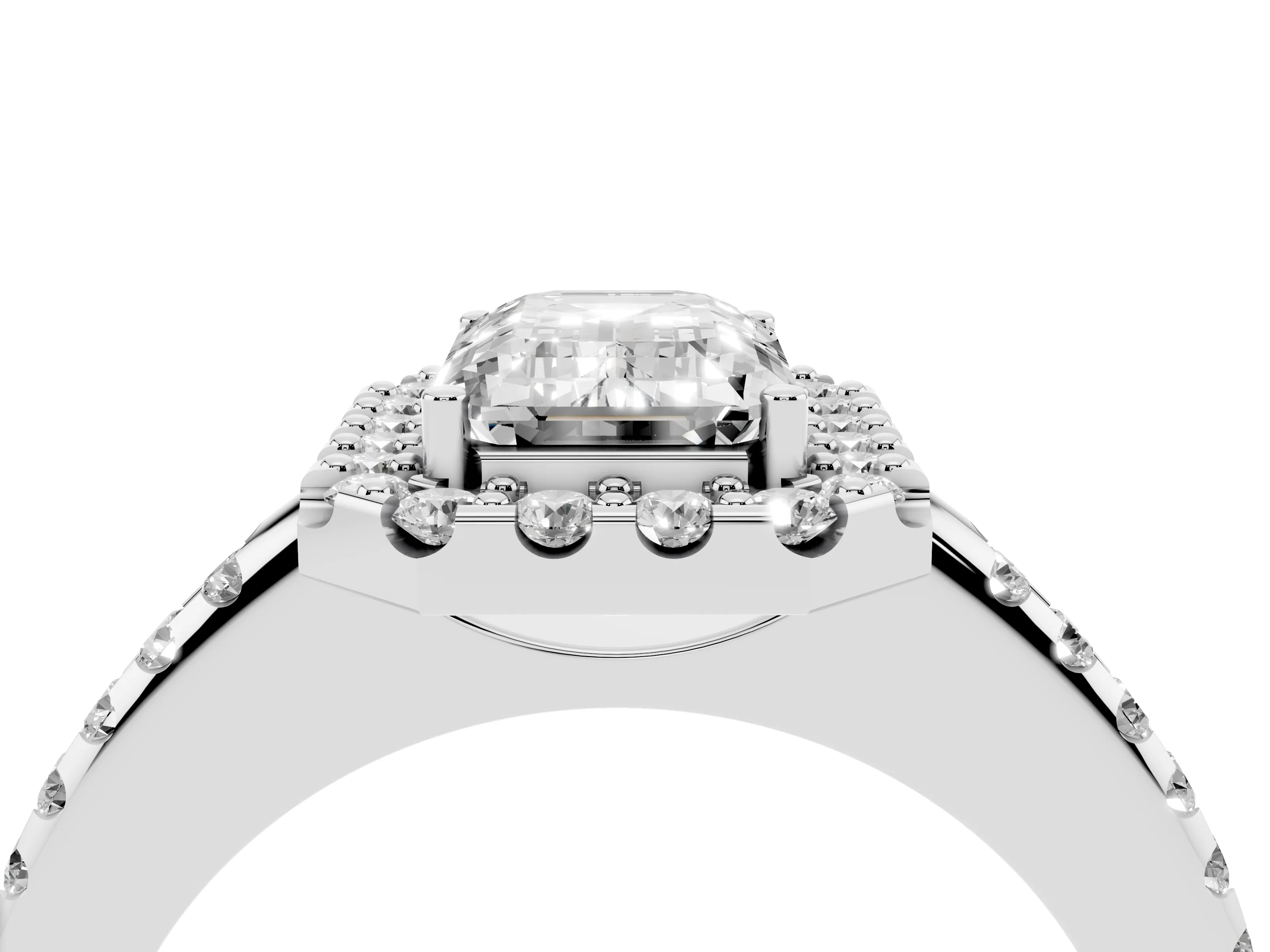 Emerald Cut Diamond Pavé Halo Ring Set in Silver with Prong Setting