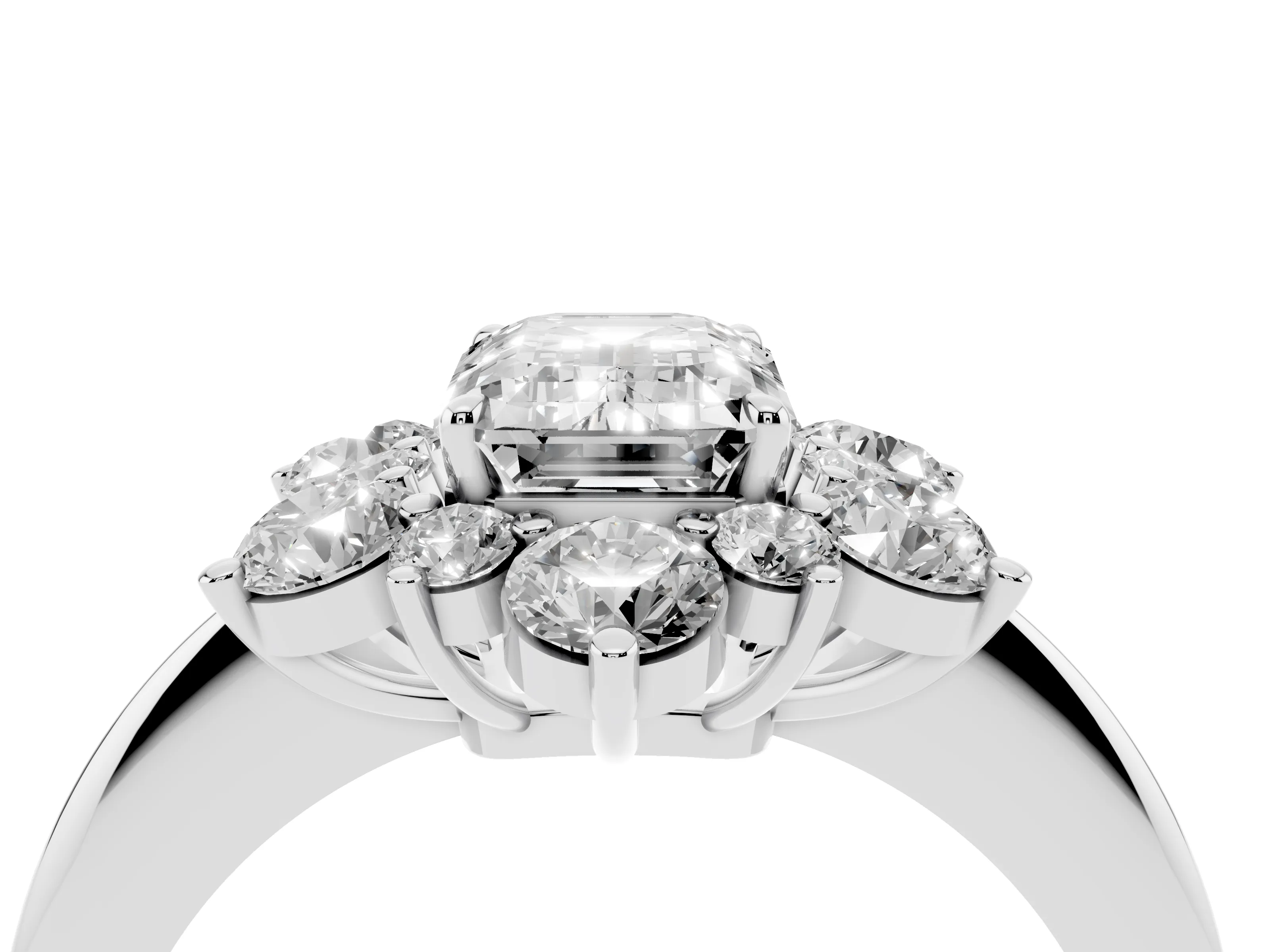 Emerald Cut Diamond Cluster Halo Ring Set in White gold with Solitaire Band and Prong Setting