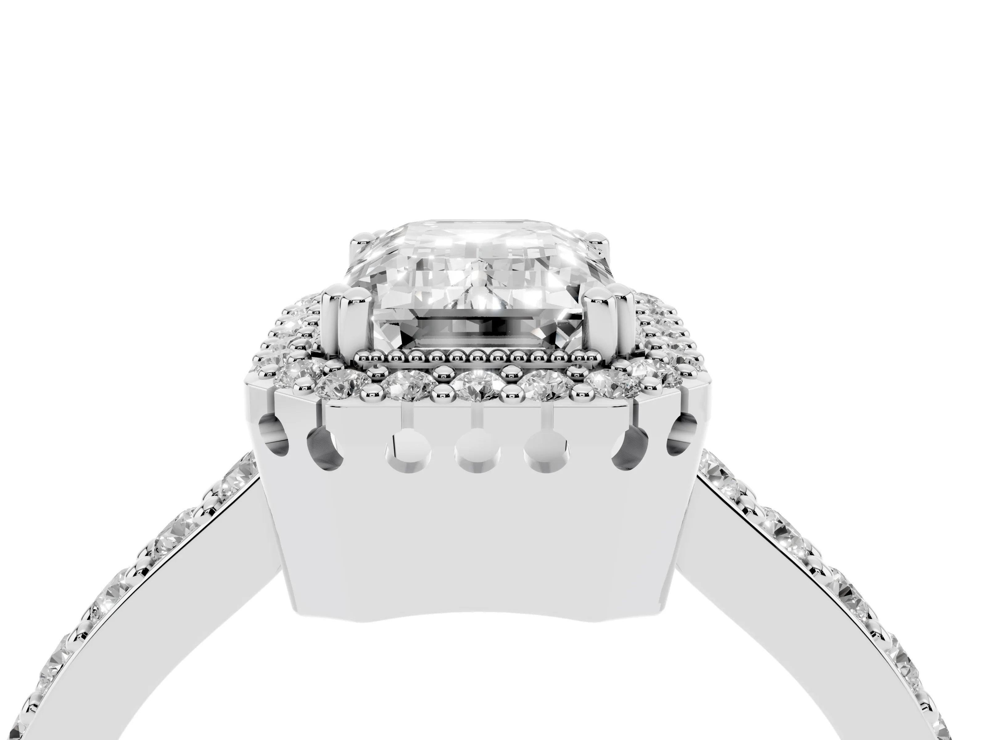 Emerald Cut Diamond Halo Engagement Ring Set in Platinum with Milgrain Detail and Pavé Band