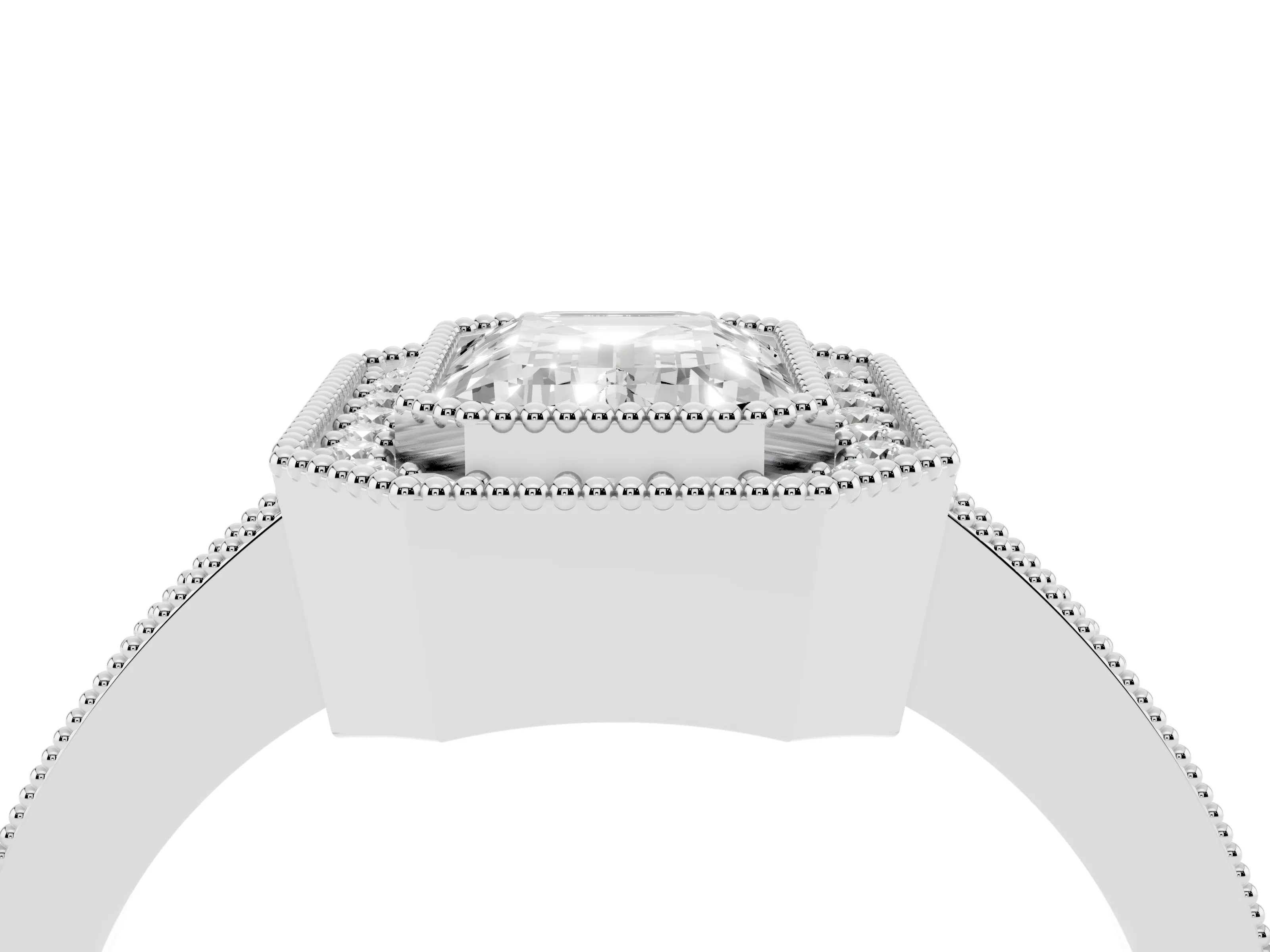 Emerald Cut Diamond Halo Engagement Ring Set in Platinum with Pavé Band and Round Halo Stones